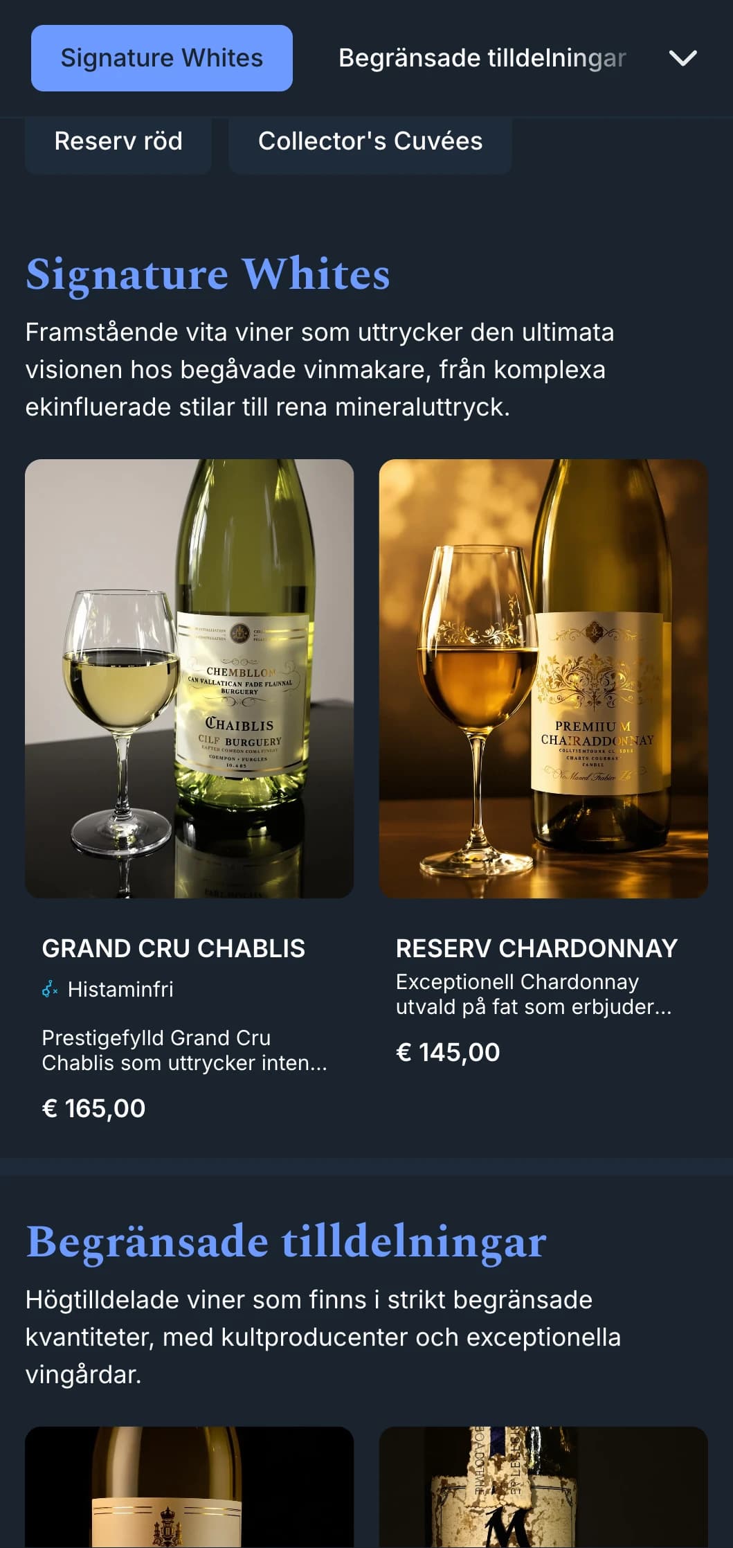 Djupt sofistikerad mall för vinlista med slående blå accenter mot marinblå bakgrunder, perfekt för premiumvinbarer och kvällsställen.