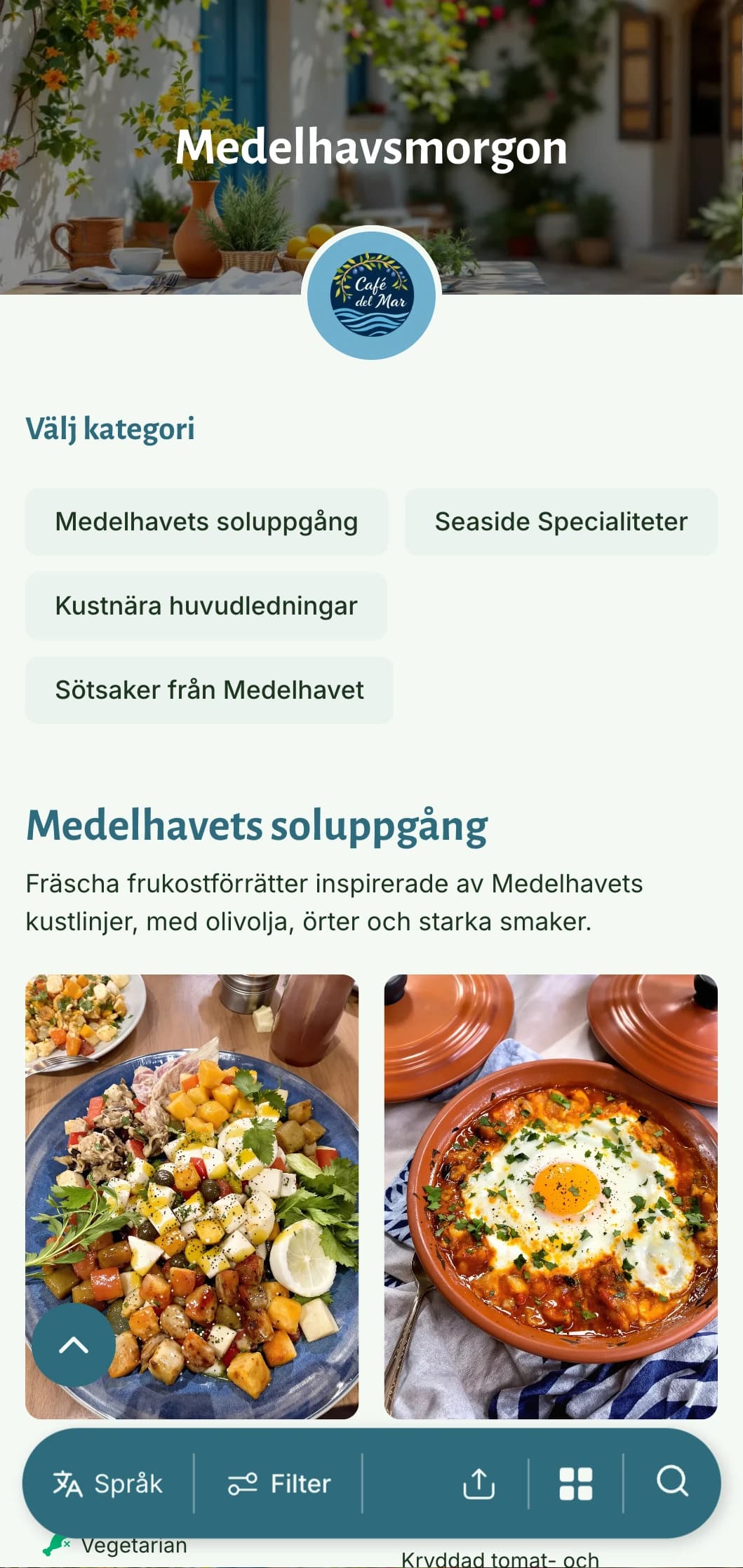 Ljus och luftig brunchmall med medelhavsinfluenser, perfekt för caféer som erbjuder hälsosamma, olivoljebaserade frukosträtter.
