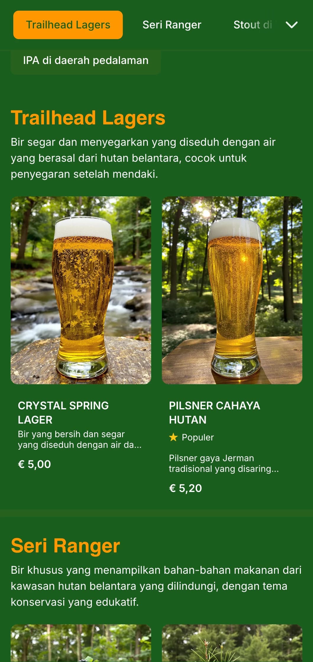 Desain alami dan bersahaja yang terinspirasi dari hutan lebat, menampilkan elemen hijau dan hutan yang kaya untuk kilang bir bertema alam.