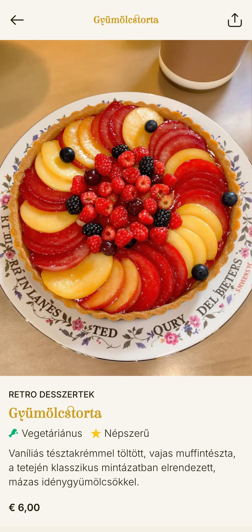 Nosztalgikus, vintage ihletésű pékségi menüterv arany ékezetekkel és retro tipográfiával, ideális klasszikus cukrászdák és régimódi pékségek számára.