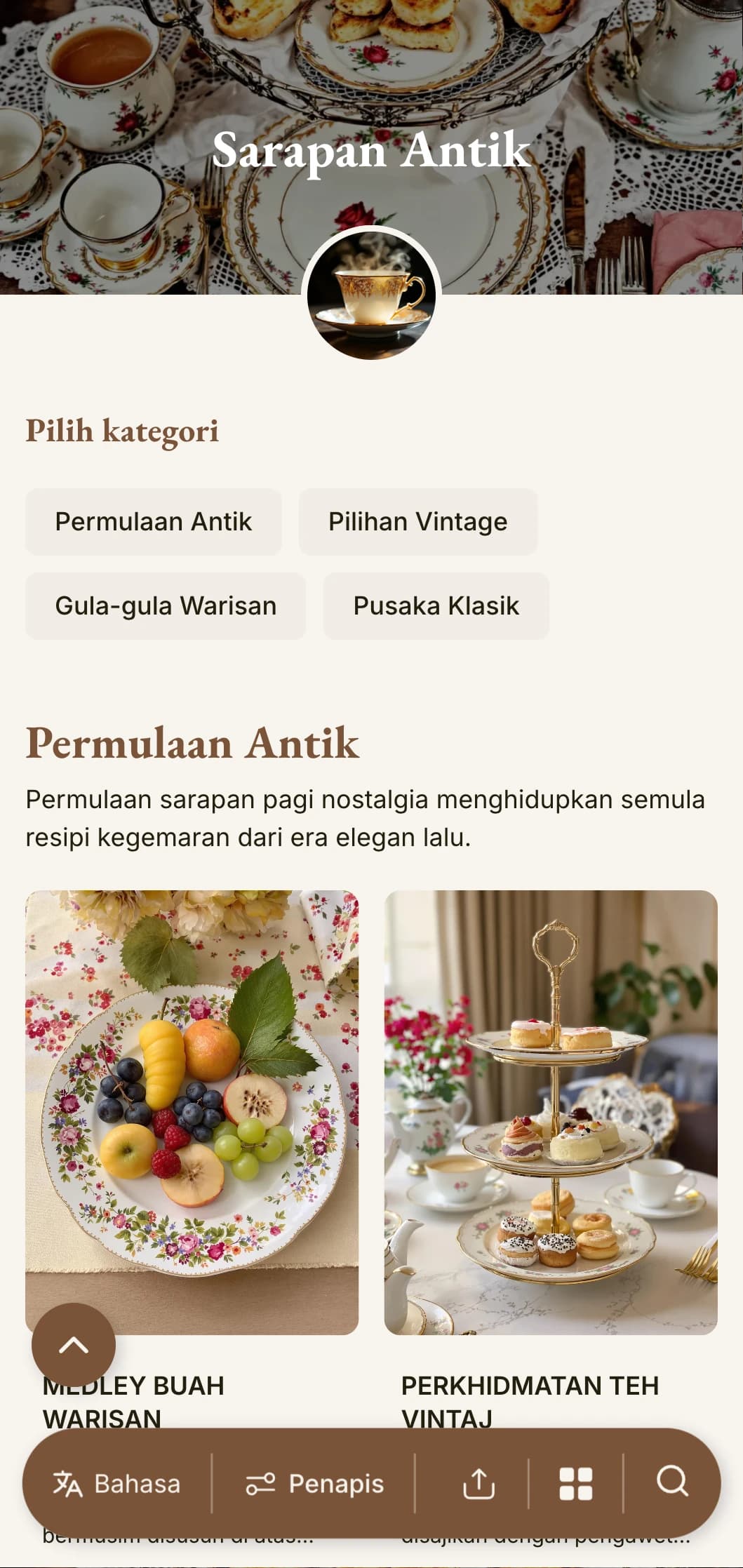 Pilihan pagi nostalgia yang diinspirasikan oleh resipi pusaka, disajikan dengan daya tarikan vintaj dan keanggunan klasik.