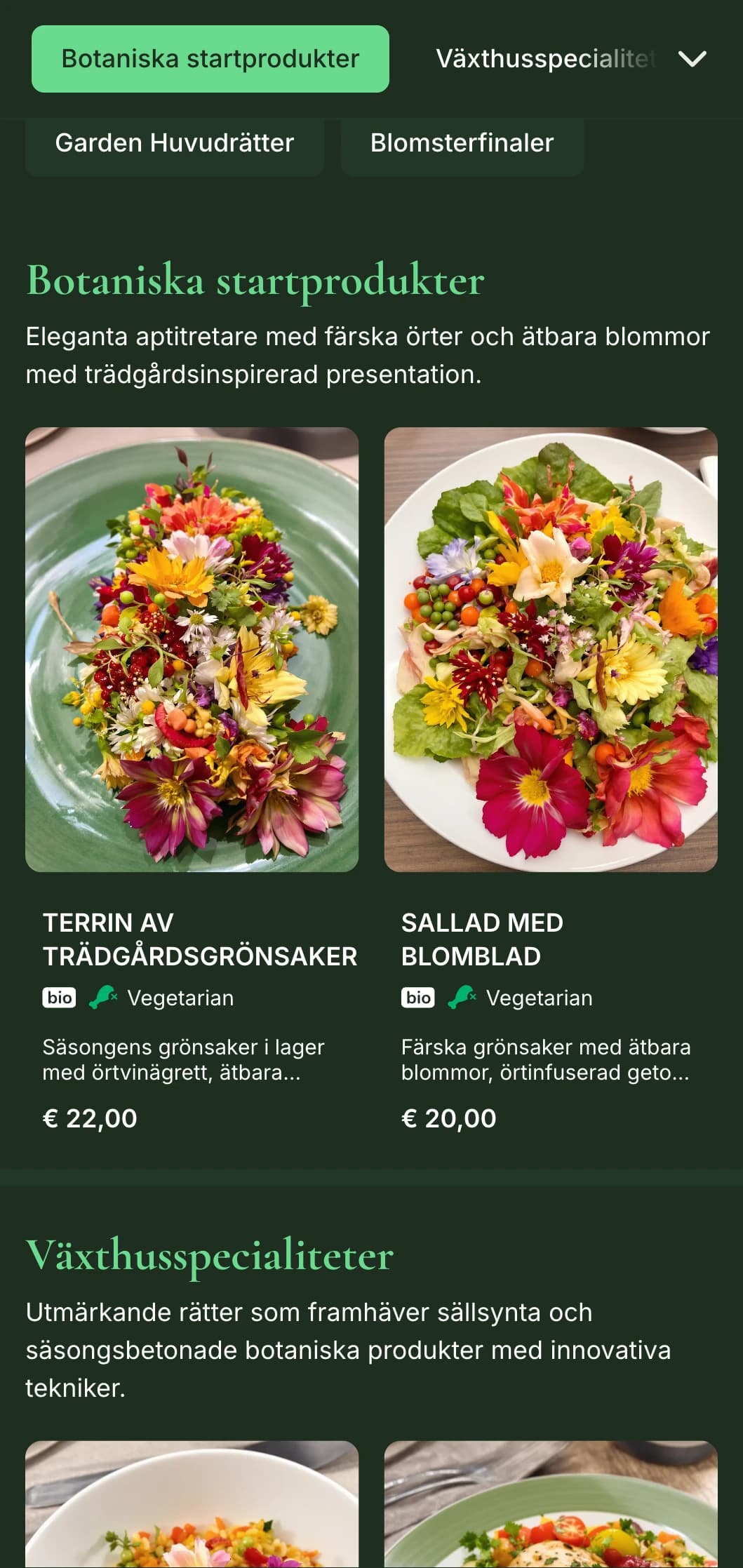 En elegant middagsmeny med frodiga botaniska inslag och djupa gröna toner, utformad för trädgårdsinspirerade fine dining.