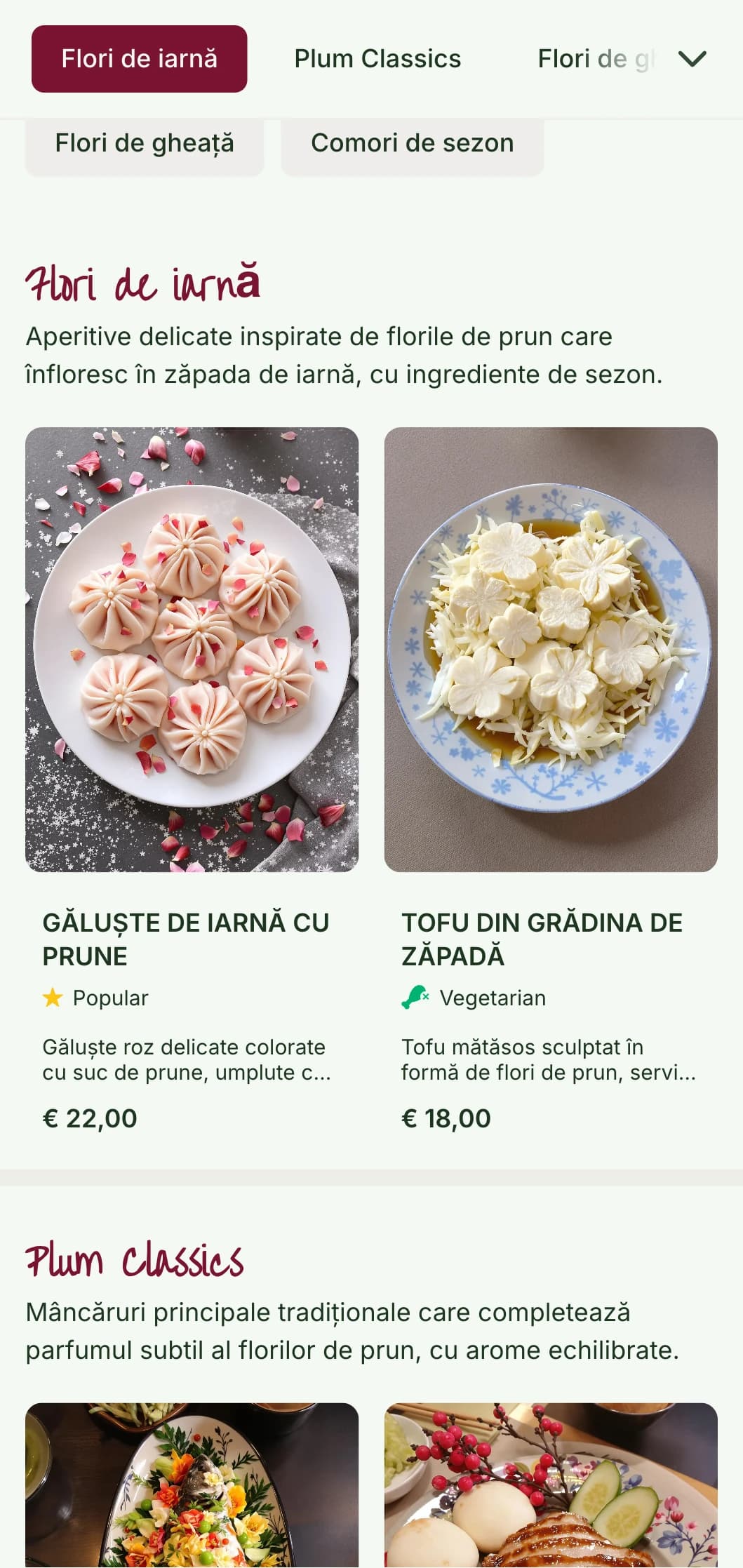 Design de meniu chinezesc proaspăt inspirat de florile de prun, cu modele delicate pentru bucătăria sezonieră de iarnă și primăvară.