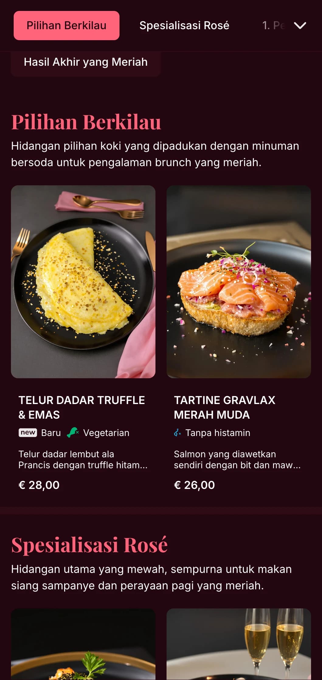 Templat brunch bertema merah muda yang mewah dengan aksen emas, cocok untuk brunch sampanye dan pengalaman bersantap yang meriah.