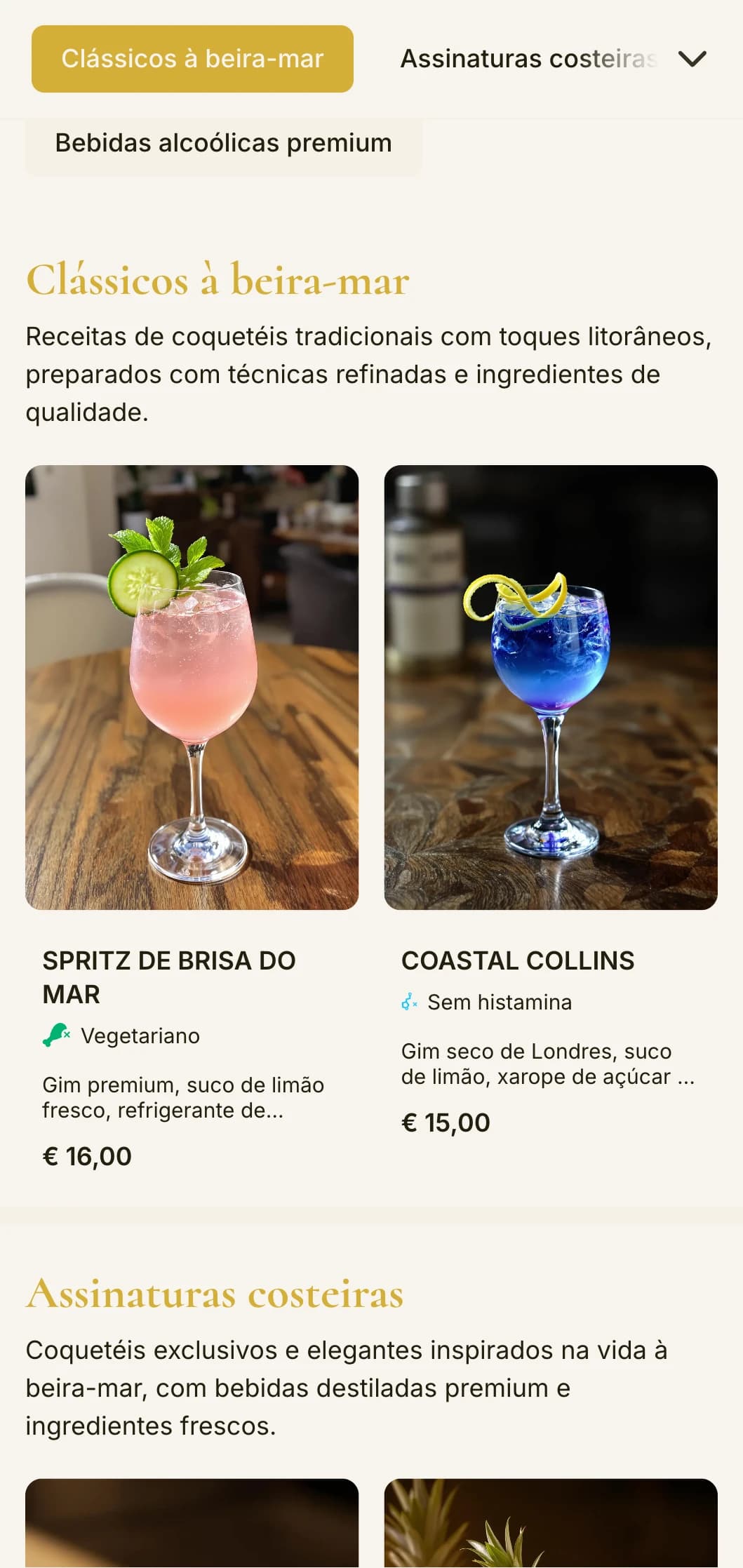 Um design sofisticado, de inspiração litorânea, para bares de praia e resorts de luxo, com tipografia elegante e detalhes em dourado.