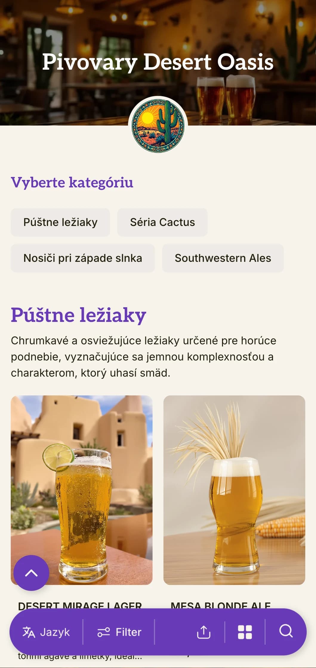 Teplá, zemitá šablóna inšpirovaná juhozápadnou krajinou, ideálna pre púštne pivovary a bary s juhozápadnou tematikou.