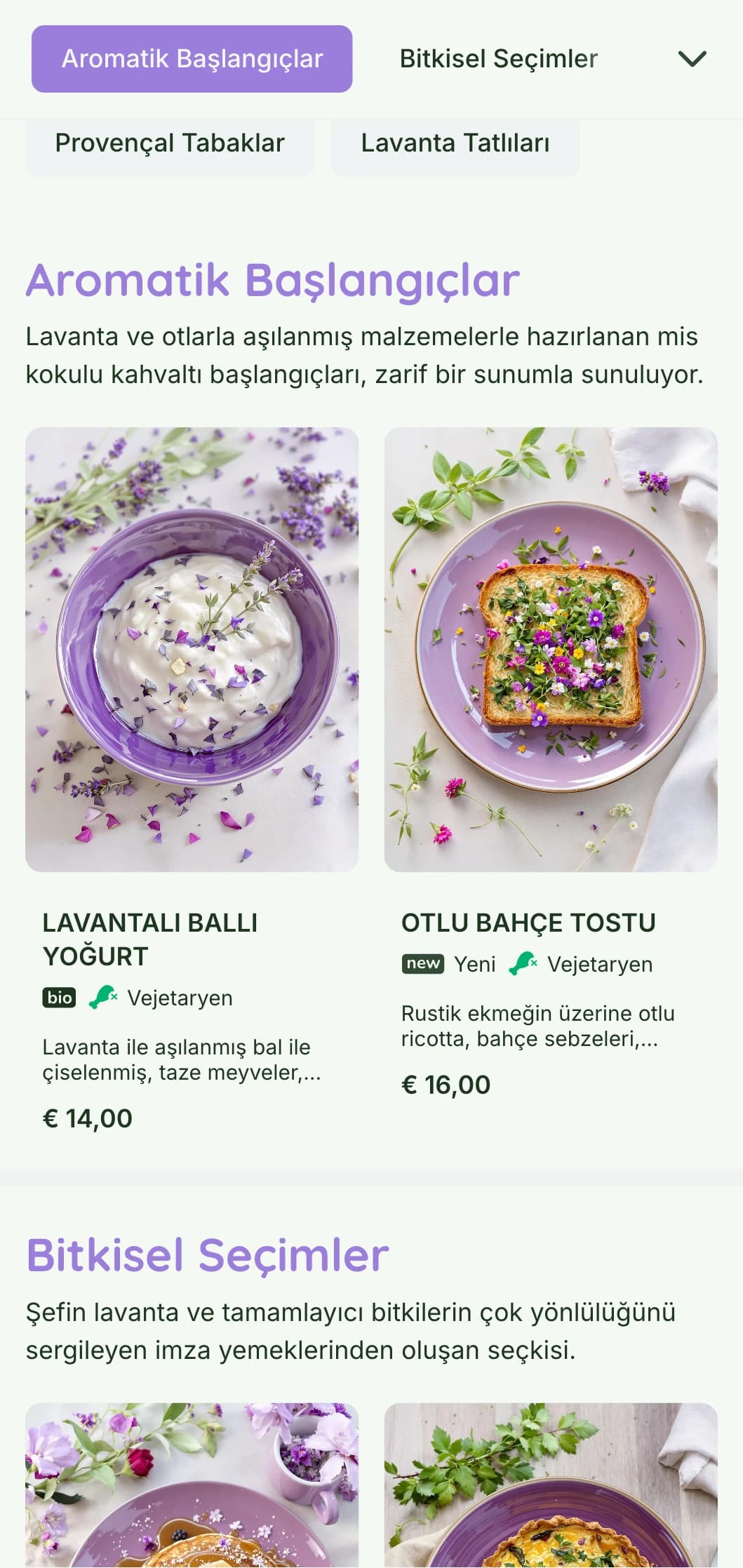 Provence'tan esinlenilmiş, bitki odaklı kafeler ve bahçe ortamları için uygun, hoş kokulu, mor aksanlı brunch şablonu.