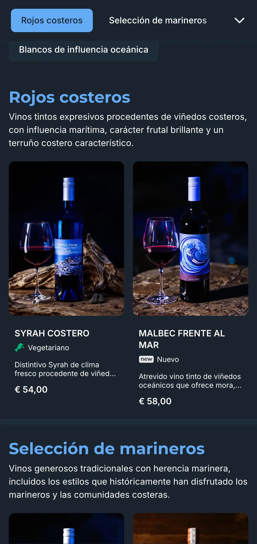 Plantilla de carta de vinos oscura de inspiración mediterránea con vibrantes acentos azules, perfecta para restaurantes costeros nocturnos y experiencias enológicas junto al mar.