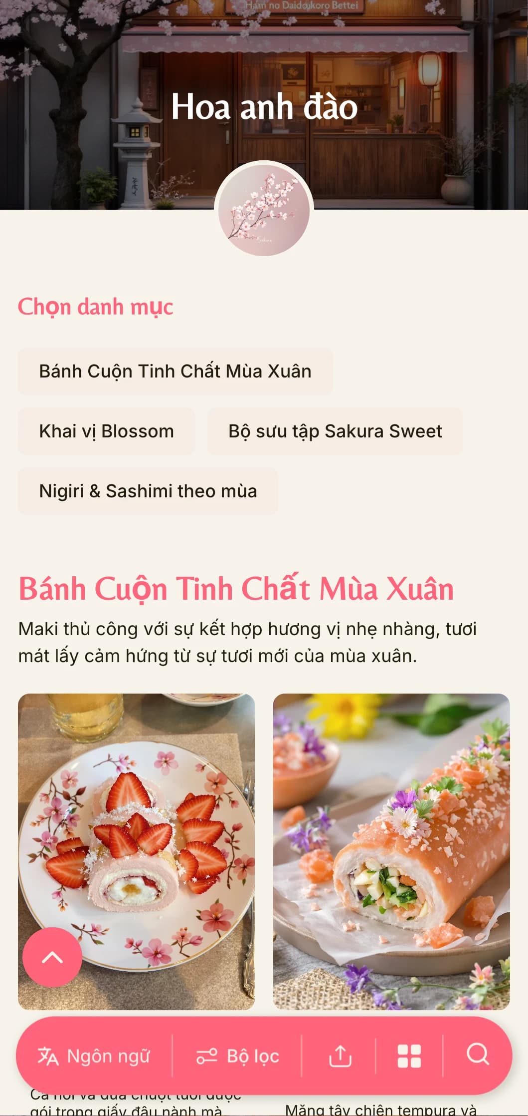 Thực đơn sushi tinh tế lấy cảm hứng từ mùa xuân với điểm nhấn là hoa anh đào màu hồng nhạt trên nền kem ấm áp.