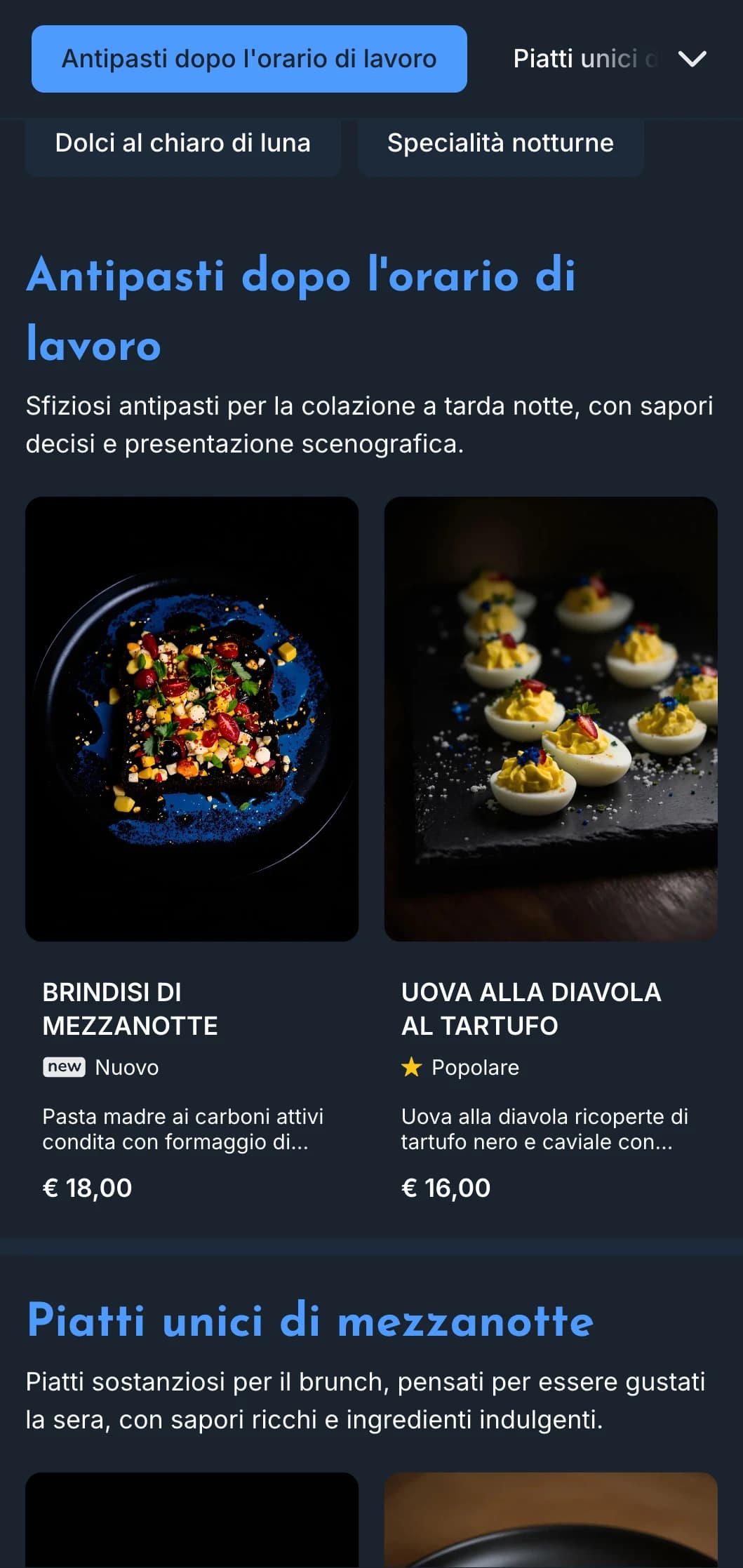 Modello blu intenso con accenti luminosi, perfetto per le offerte di brunch a tarda notte e per le caffetterie after-hour.