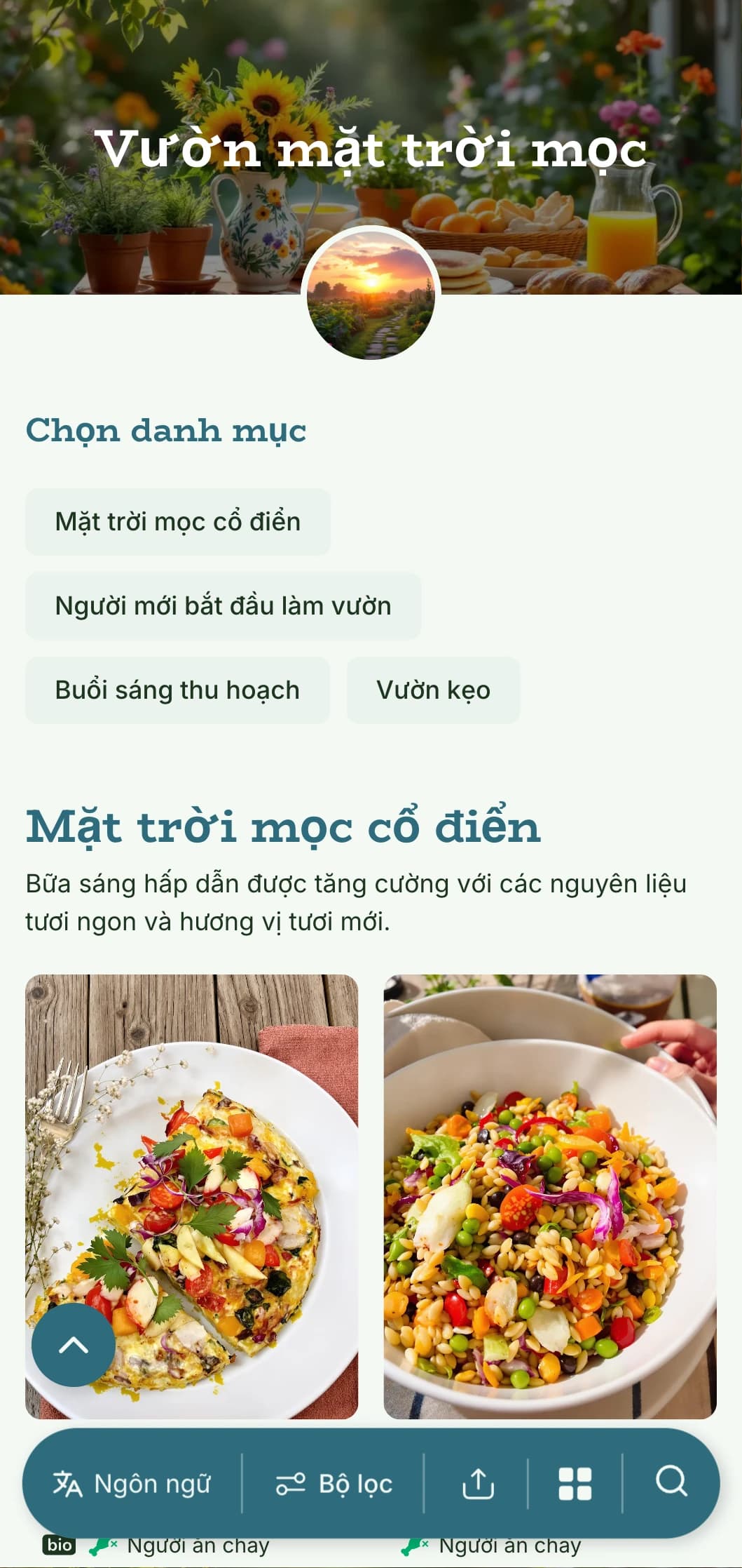 Bữa sáng tươi ngon lấy cảm hứng từ khu vườn với các thành phần hữu cơ và cách trình bày sống động cùng các yếu tố tự nhiên.