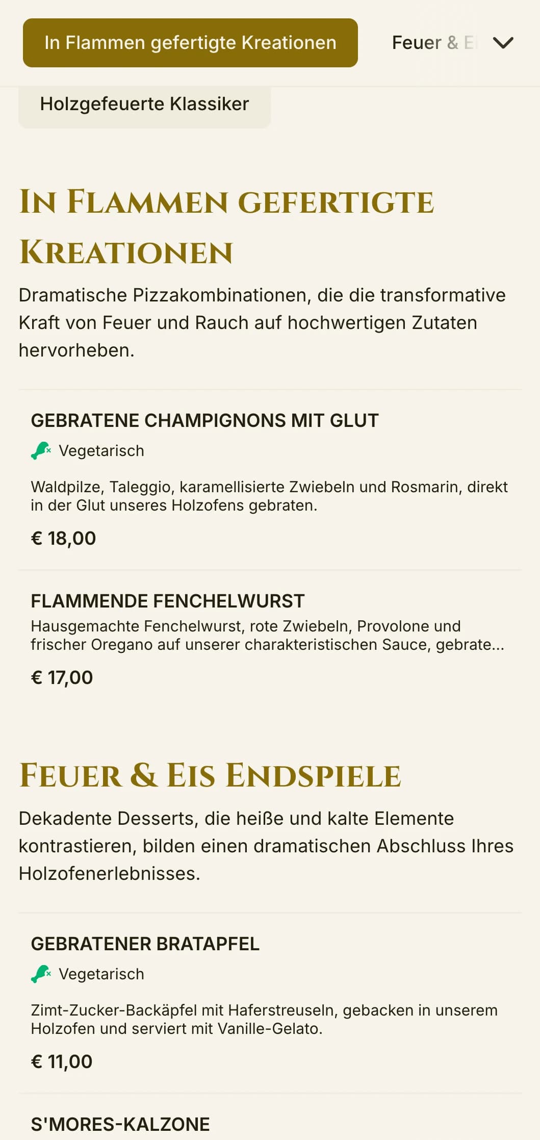 Dramatische Pizzakarte mit kräftigen Farben und fetter Typografie für Holzofen-Spezialisten.