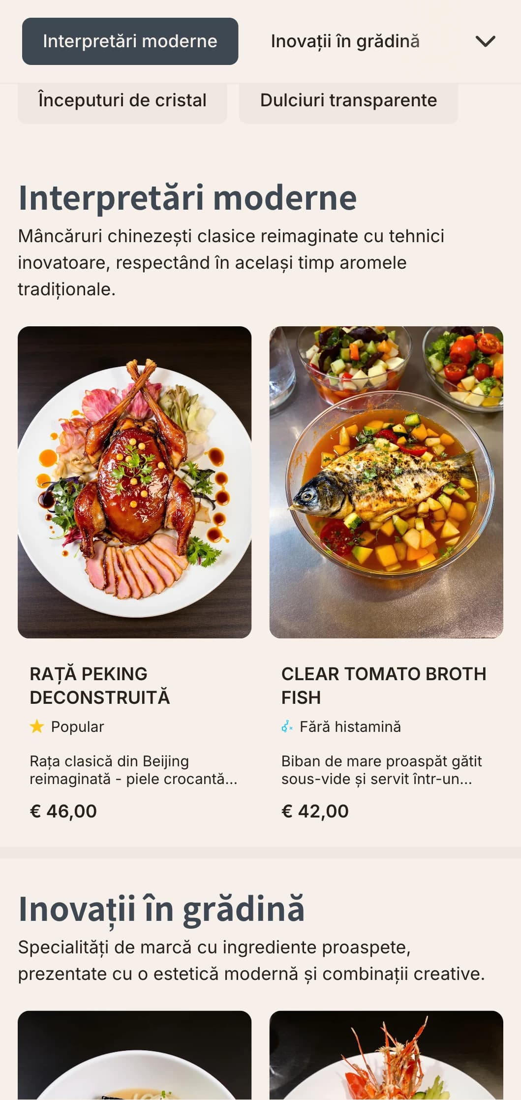 Design contemporan de meniu chinezesc cu elemente inspirate din cristale și motive de grădină pentru restaurante moderne fusion.