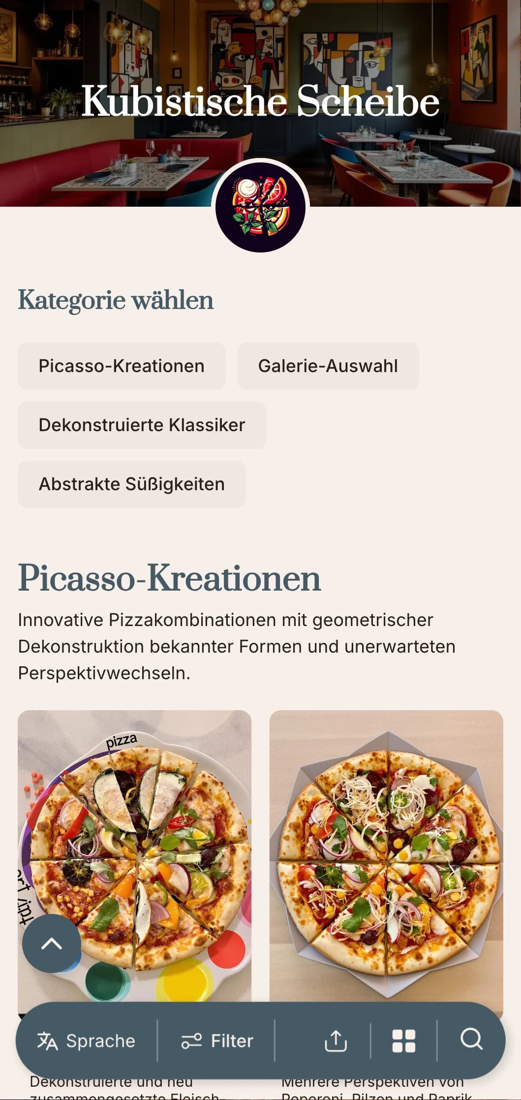 Picasso-inspirierte Pizzakarte mit abstrakten geometrischen Elementen und künstlerischem Layout.