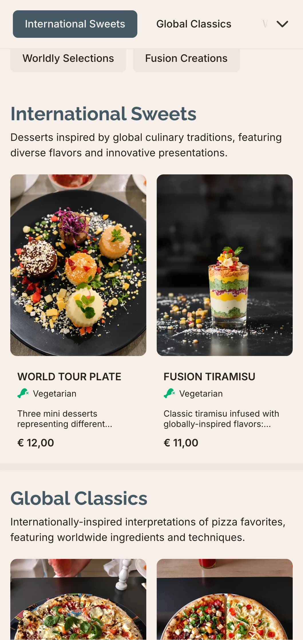 Global fusion pizza menu with contemporary design for innovative flavor combinations.
