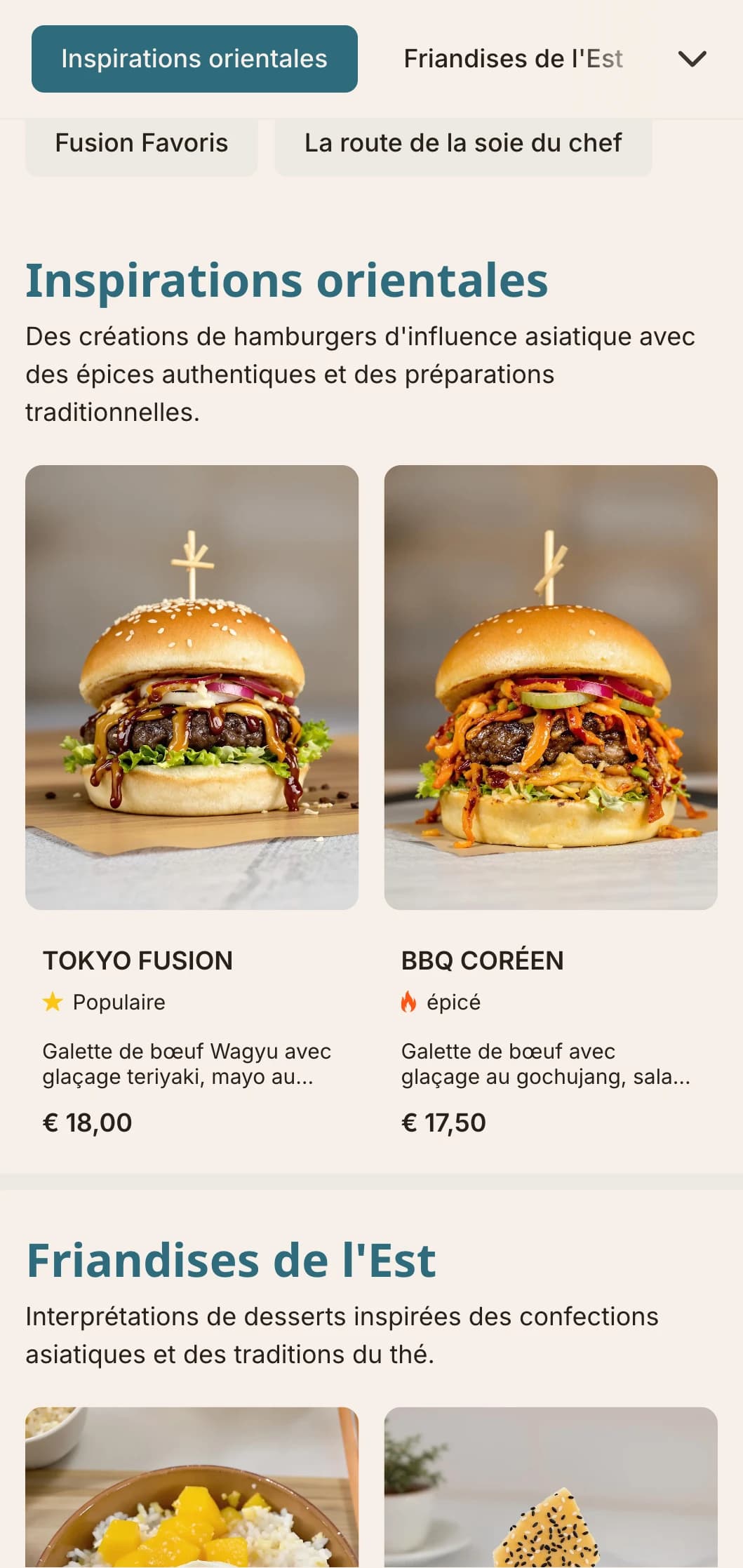 Des hamburgers fusionnant l'Orient et l'Occident, avec des saveurs d'inspiration asiatique et une présentation contemporaine.