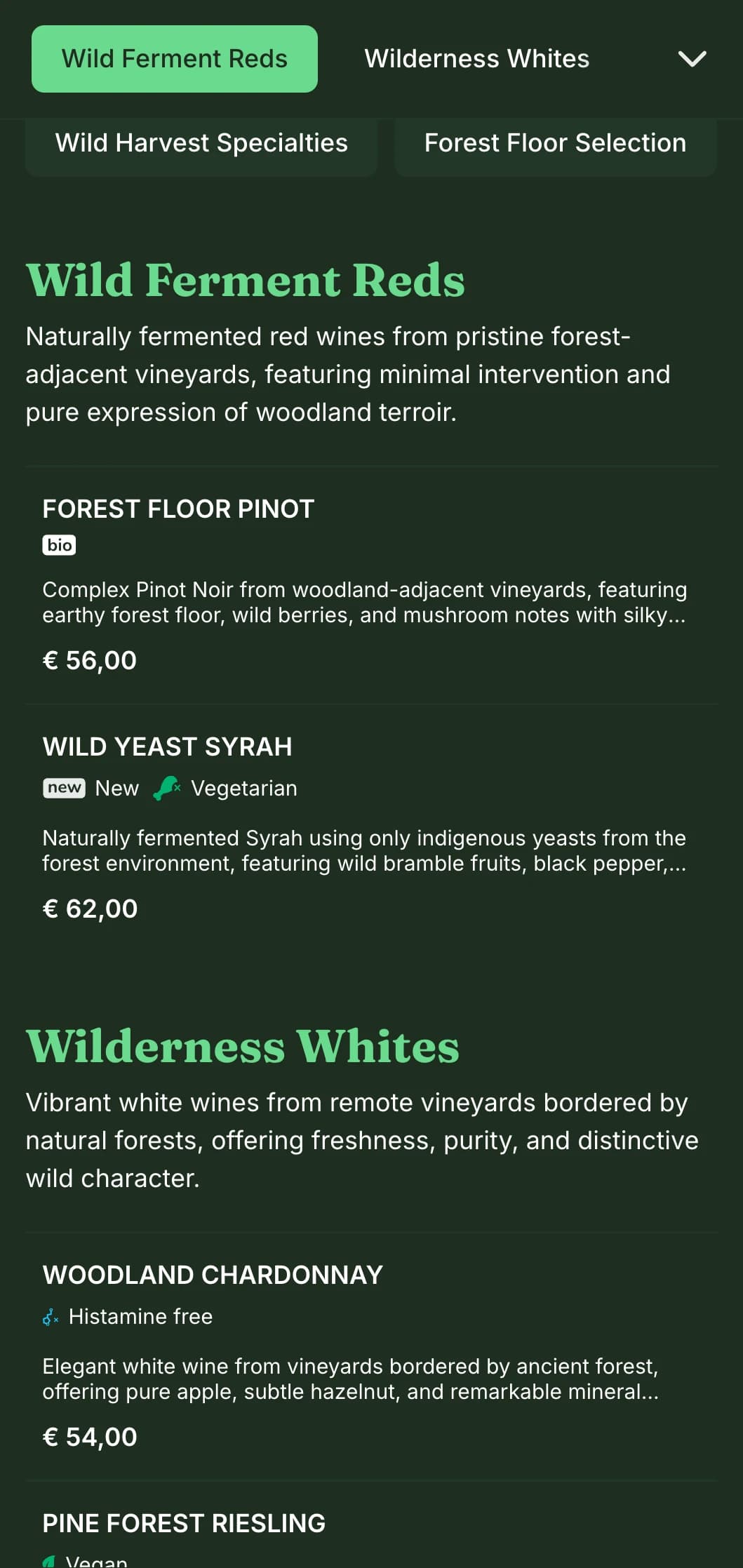 Nature-inspired dark wine list template featuring vibrant green accents against forest backgrounds, perfect for woodland restaurants and rustic wine bars.