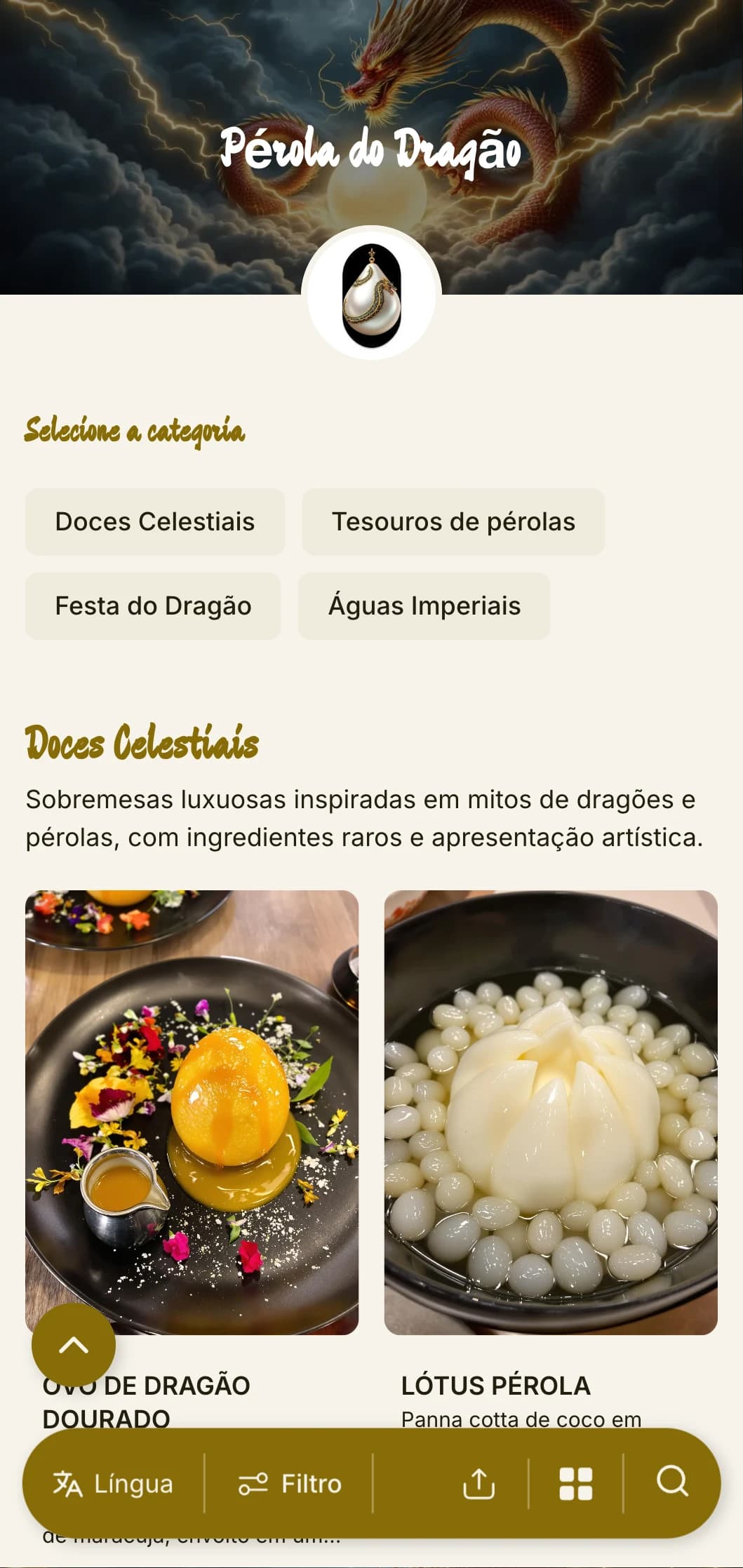 Luxuoso design de cardápio chinês com motivos de dragão e detalhes em pérola, perfeito para restaurantes chineses de frutos do mar de luxo e ocasiões especiais.