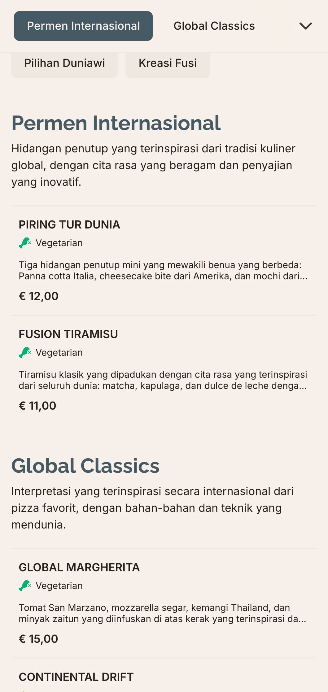 Menu pizza fusion global dengan desain kontemporer untuk kombinasi rasa yang inovatif.