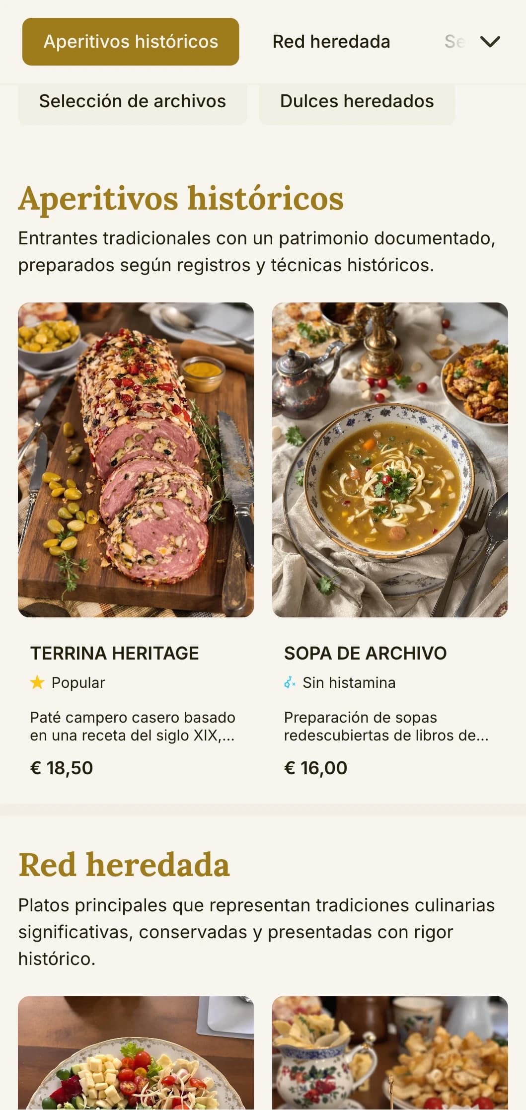 Diseño de menú de almuerzo centrado en el patrimonio, con elementos tradicionales y tipografía atemporal, adecuado para restaurantes emblemáticos y establecimientos con una larga historia.