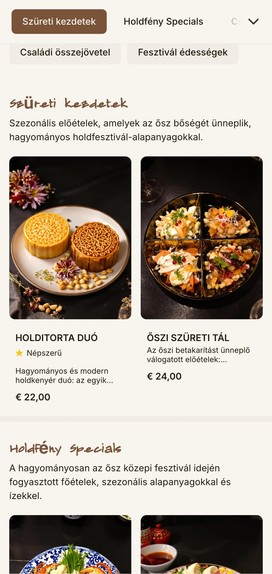 Elegáns kínai étlap, amelyet az őszi középső fesztivál ihletett, holdkenyér motívumokkal és hagyományos mintákkal a szezonális specialitásokhoz.