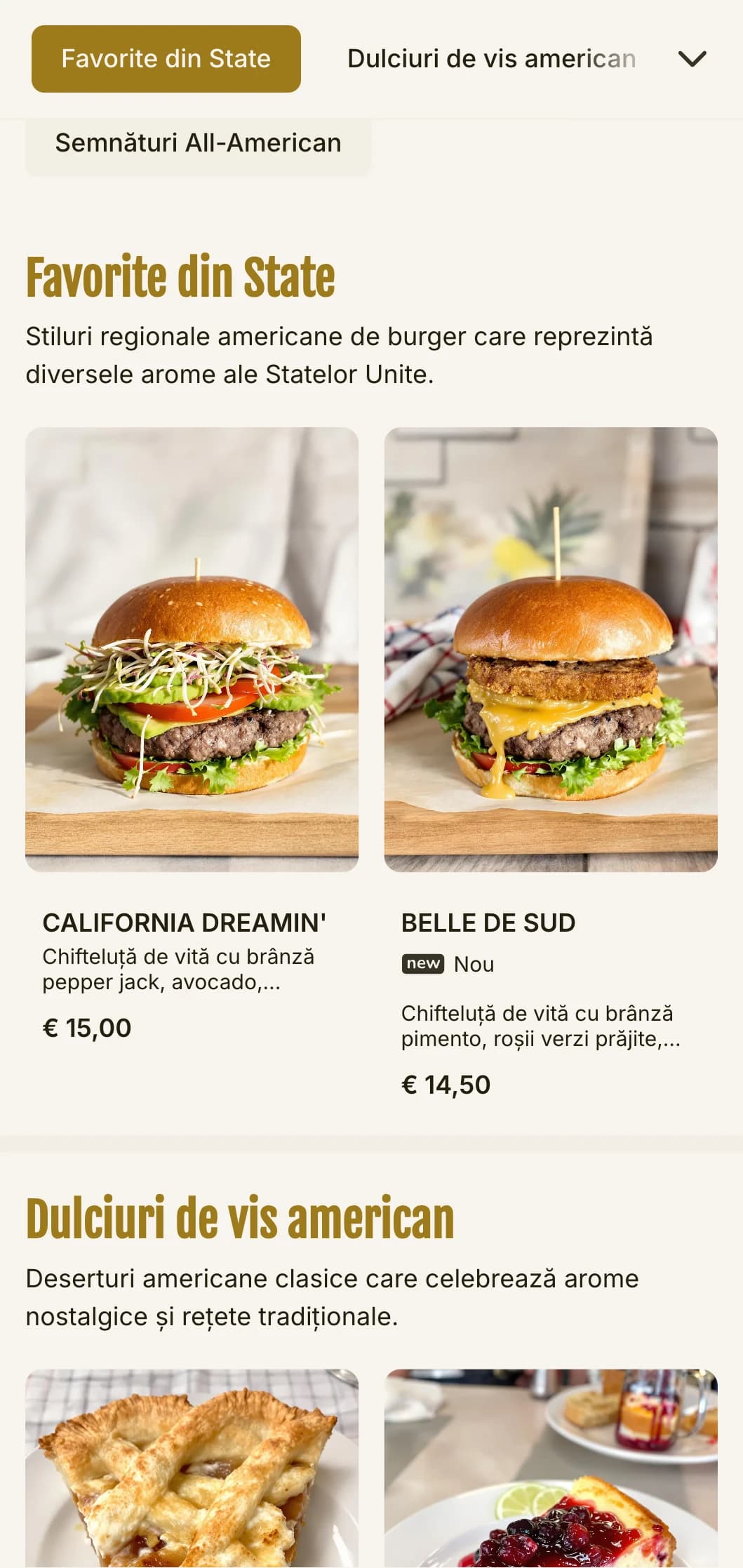Hamburger clasic american cu accente roșii, albe și albastre și elemente nostalgice de restaurant.