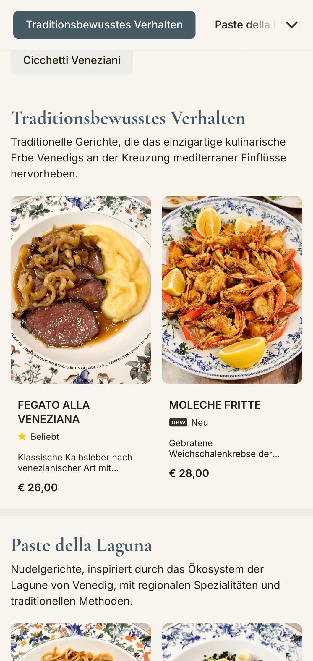 Intimes Design, inspiriert von den traditionellen Weinbars in Venedig mit der Tradition der kleinen Gerichte (Cicchetti).