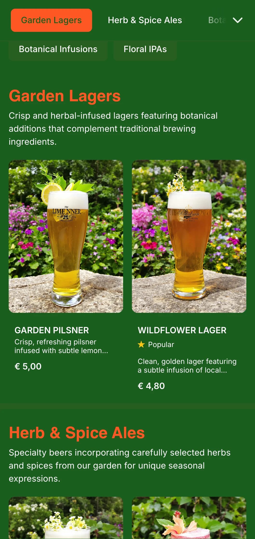 Fresh and botanical-inspired design featuring lush green tones and plant elements, ideal for garden breweries and beer gardens.