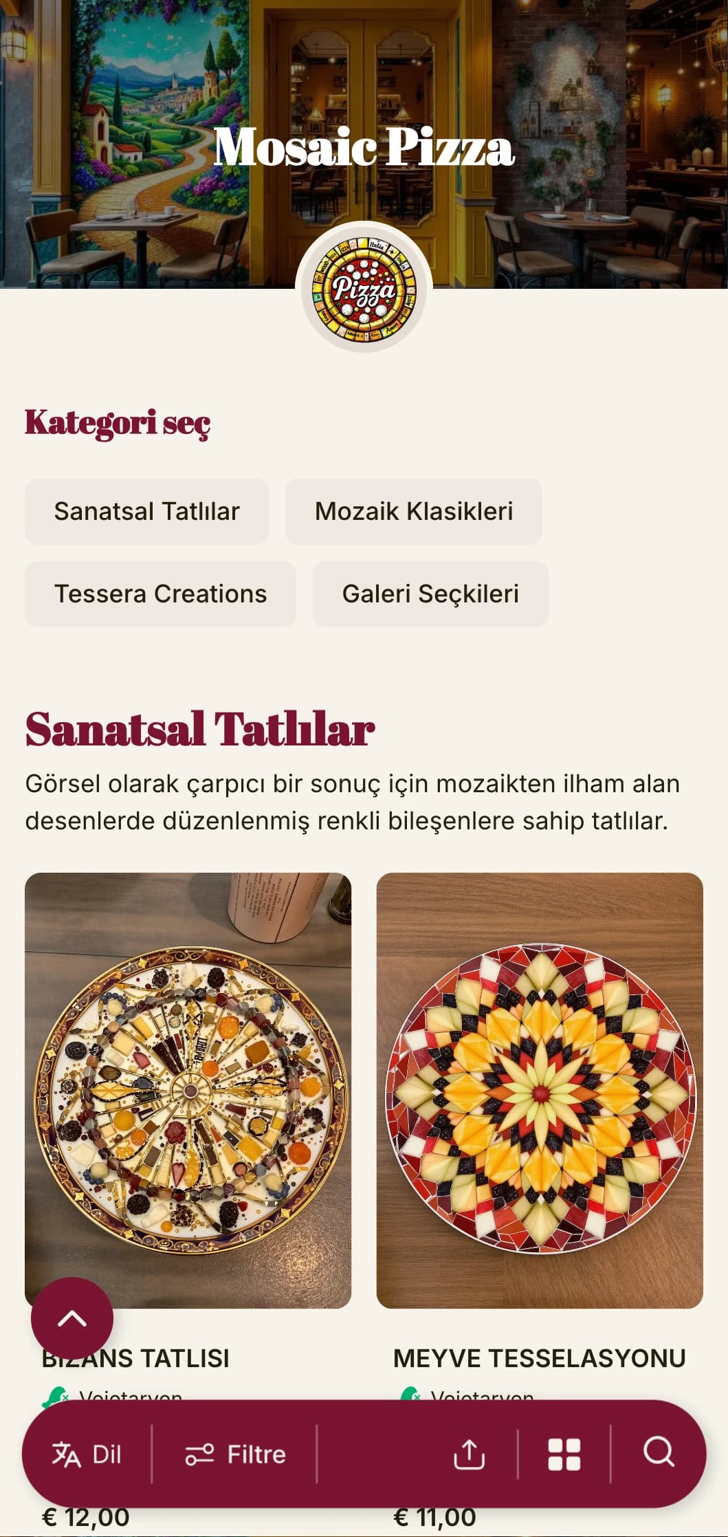 İtalyan mozaik sanatından ilham alan, canlı öğeler içeren renkli, sanatsal pizza menüsü.