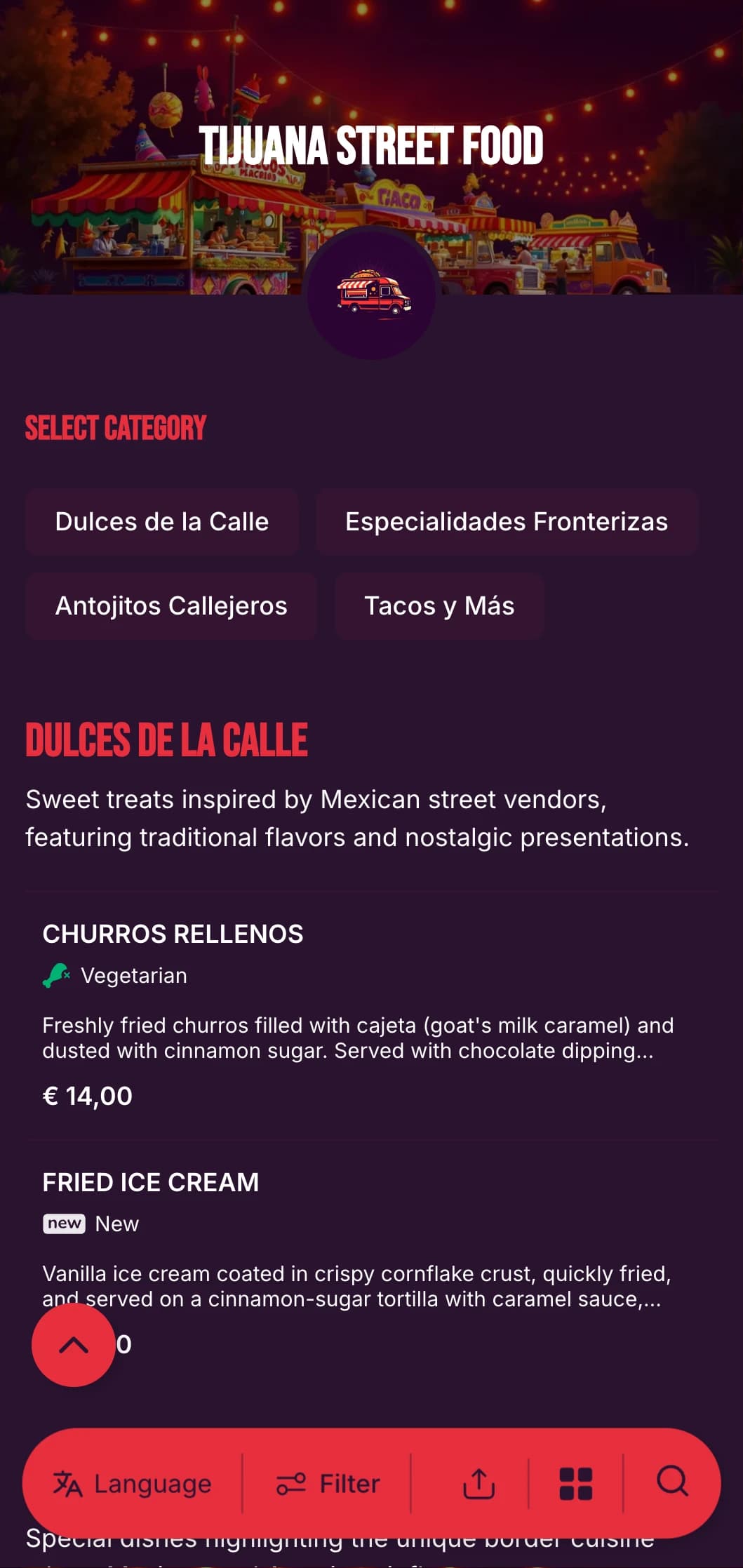 Bold and energetic street food menu inspired by Tijuana's vibrant food scene with bright colors, casual typography, and authentic taco specialties.