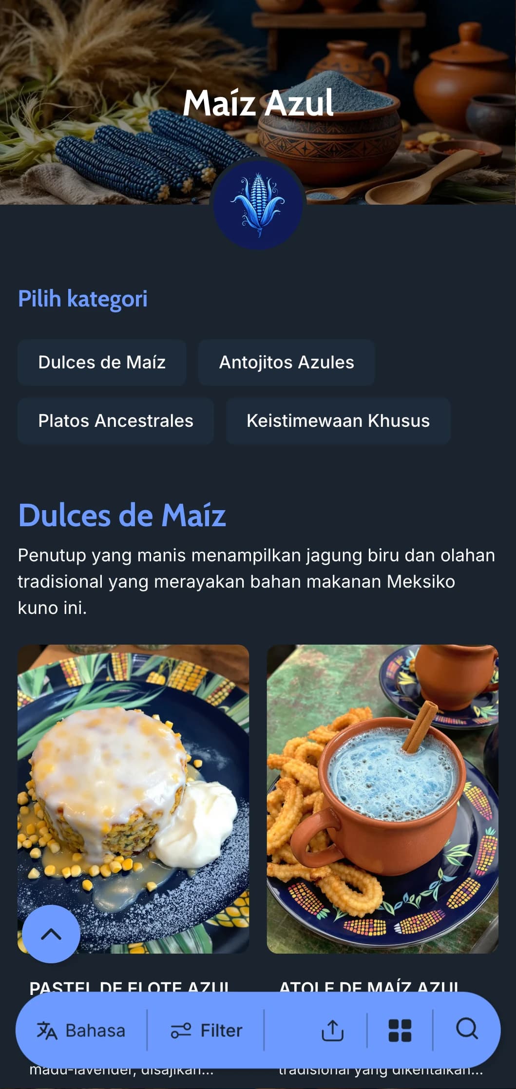 Menu otentik dan tradisional yang menampilkan spesialisasi jagung biru, metode persiapan kuno, dan pengaruh masakan asli Meksiko.