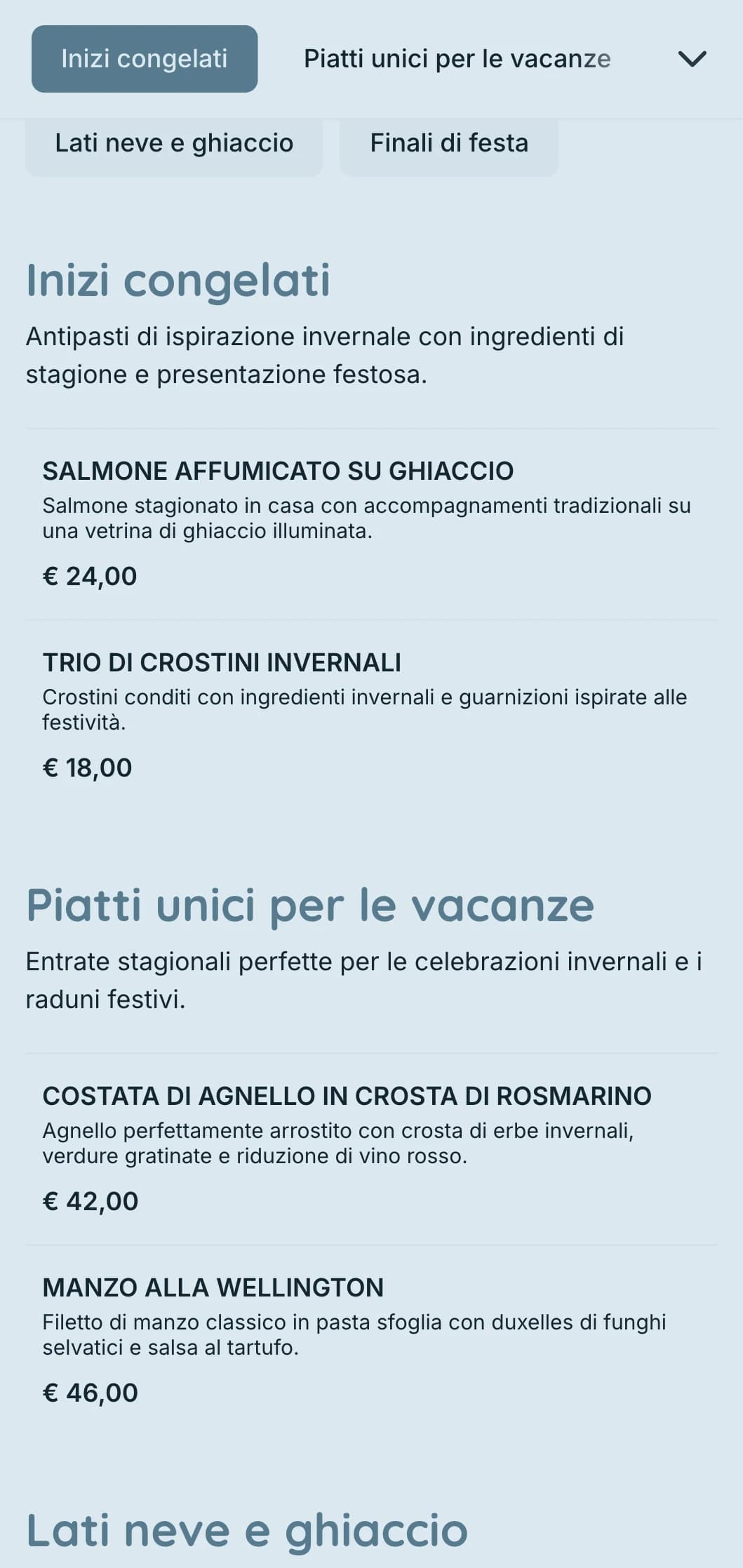 Magico catering a tema invernale con ingredienti di stagione, presentazione scenografica ed elementi accoglienti per feste ed eventi invernali.