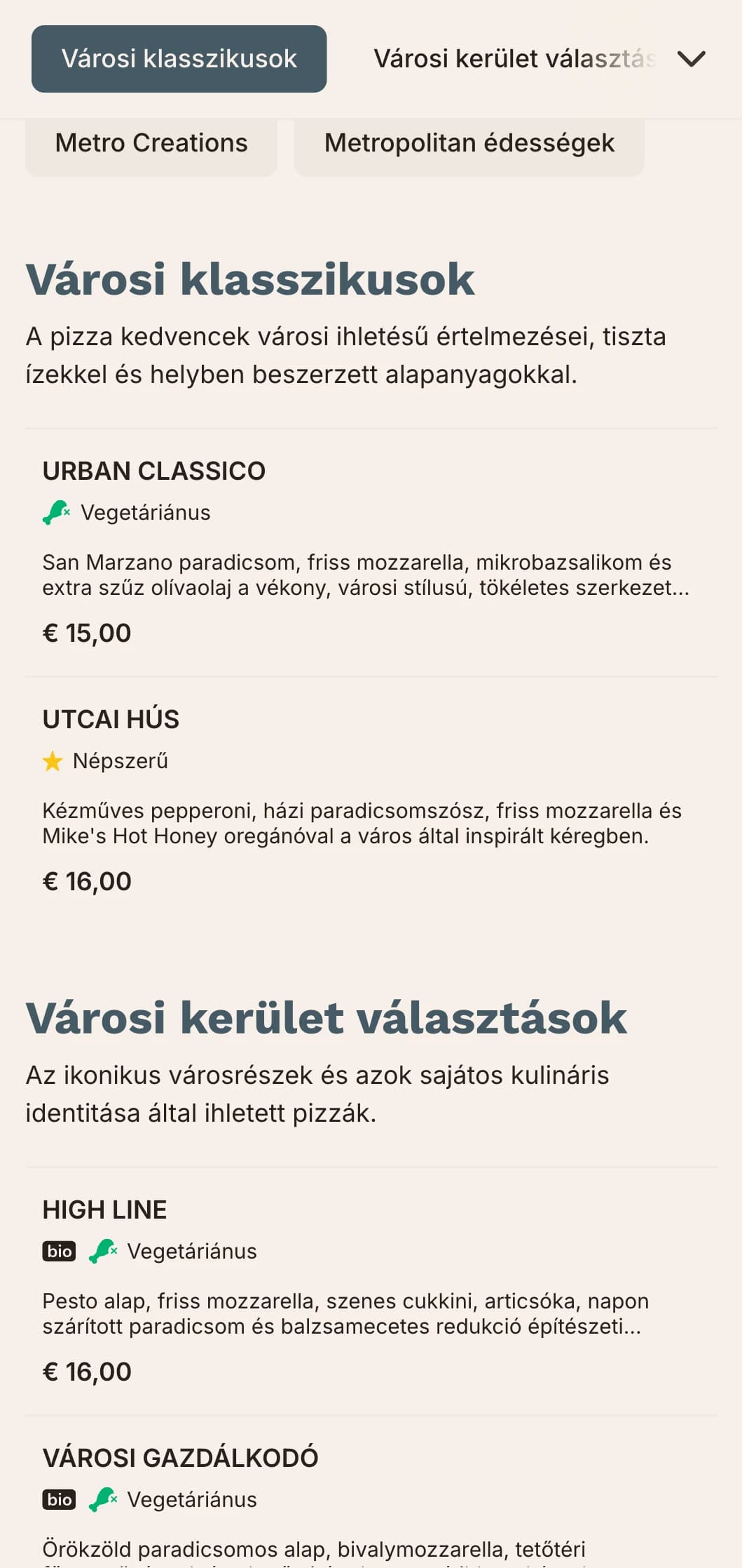 Nagyvárosi pizzamenü letisztult vonalakkal és kortárs dizájnnal városi helyszínekre.