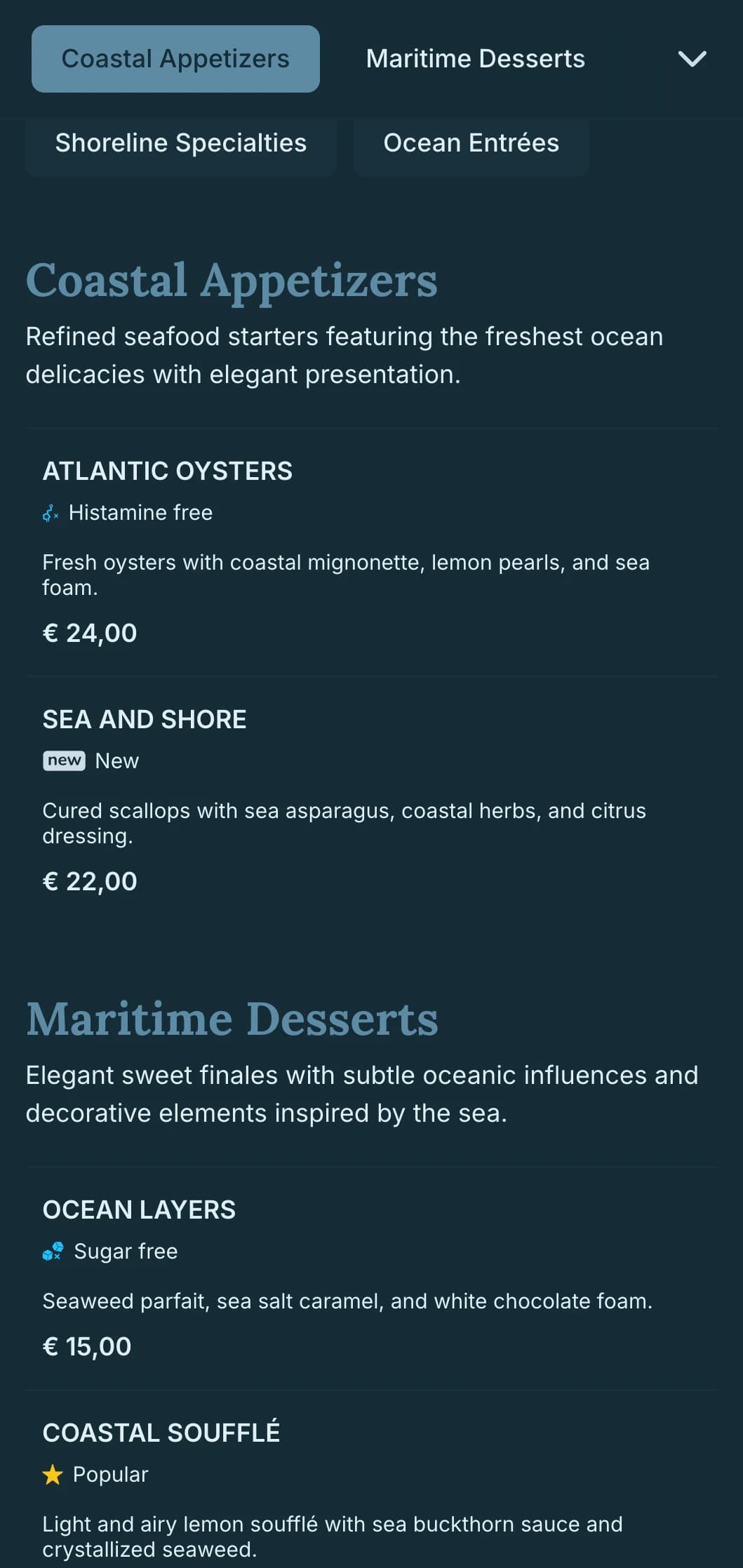 Sophisticated coastal elegance combining nautical influences with refined dining aesthetics.