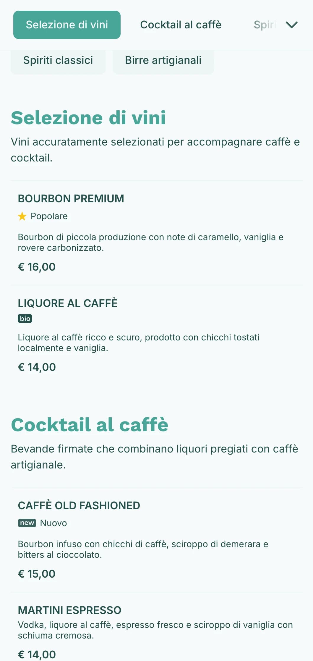 Design fresco e verde acqua per locali ibridi di caffè e cocktail.