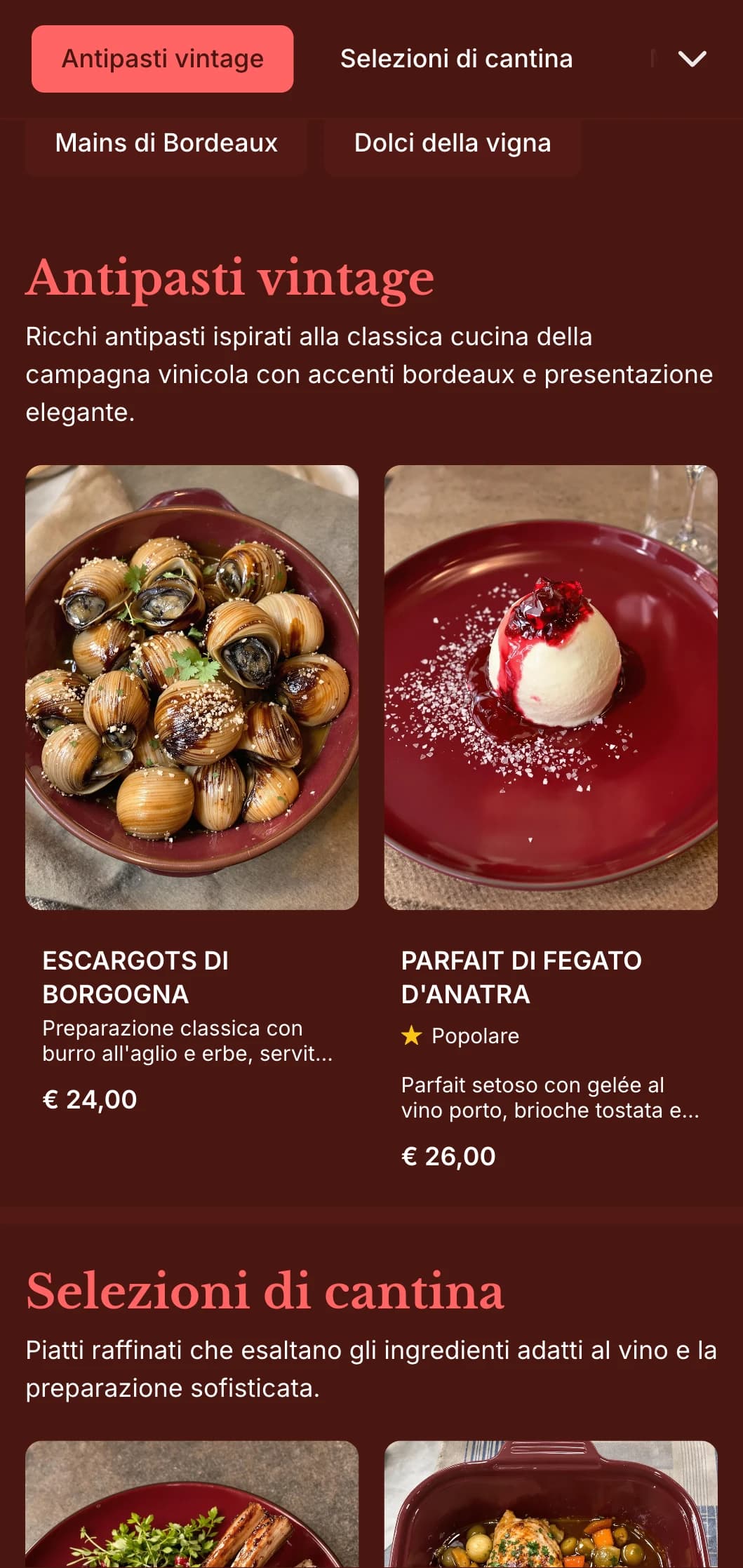 Un ricco menu per la cena ispirato al vino, con toni bordeaux intensi ed elementi vintage, pensato per i locali con un ampio programma di vini.