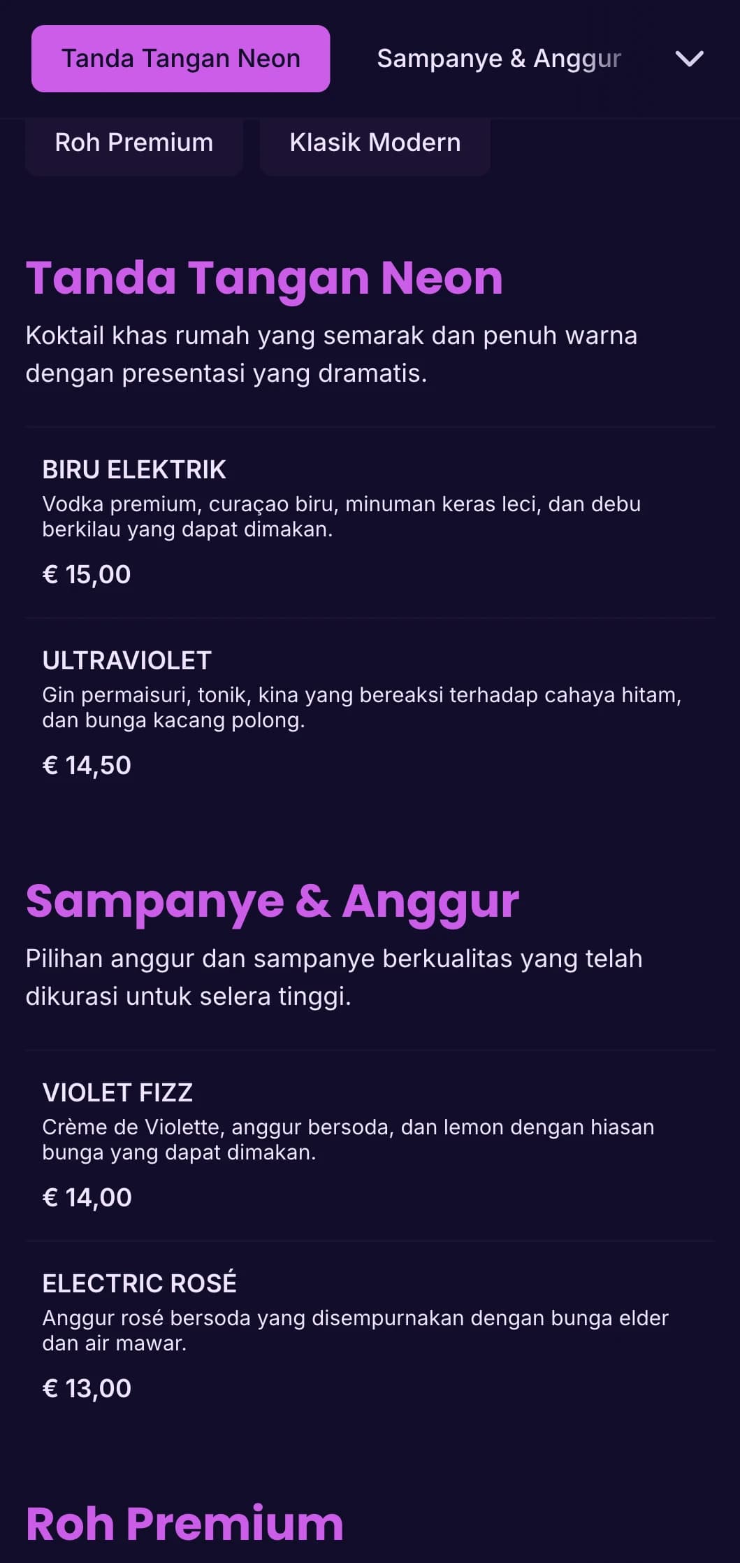 Desain ungu dan ultraviolet yang cerah untuk klub malam dan lounge koktail yang trendi.