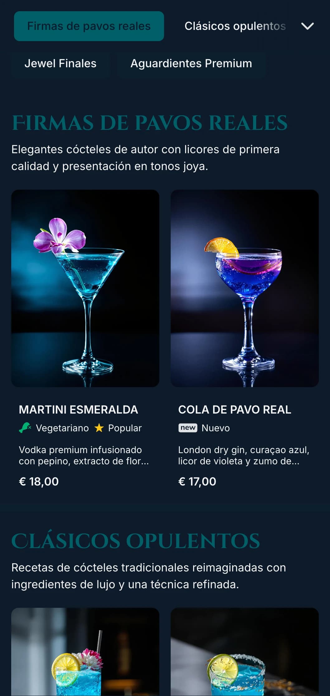 Un lujoso diseño en tonos joya para coctelerías de lujo con detalles en azul pavo real y esmeralda y una elegante tipografía.