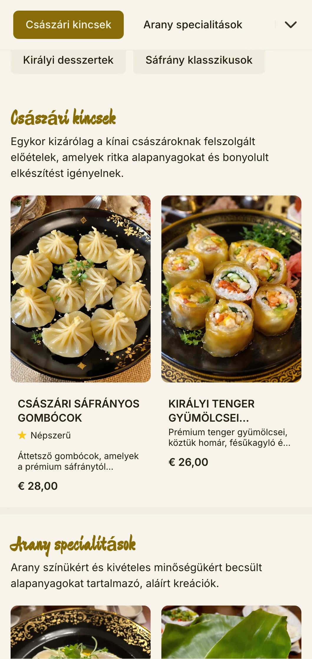 Fényűző kínai menü design, amelyet a császári sáfrányszínek ihlettek, gazdag elemekkel a királyi konyha élményeihez.