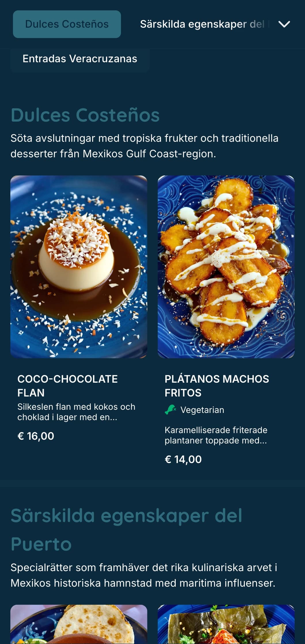 Fräsch och smakrik kustmeny med fisk- och skaldjursspecialiteter från Veracruz med turkosa accenter, kustbilder och signaturfiskberedningar.