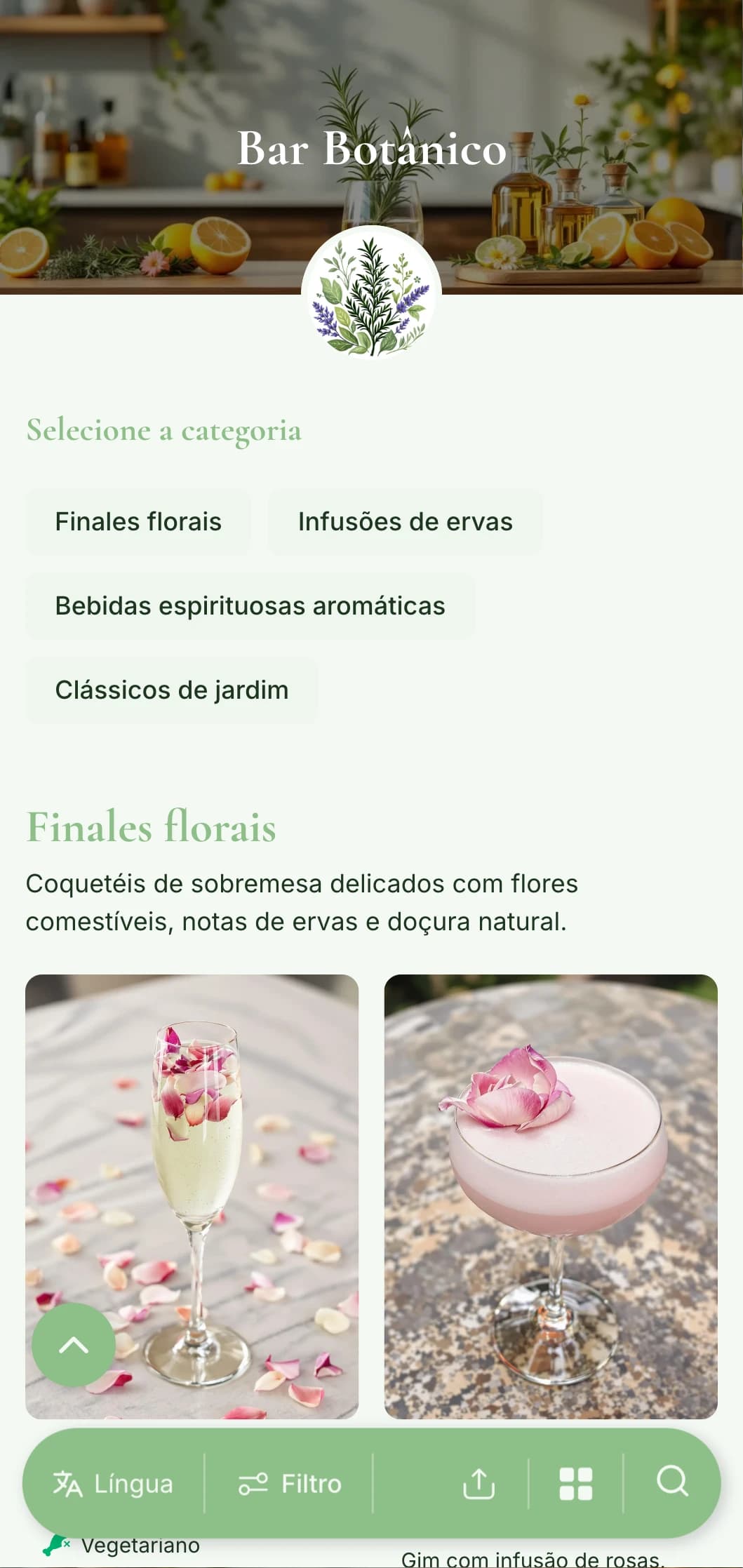 Um design de cardápio fresco e inspirado em jardins para bares especializados em coquetéis botânicos e com infusão de ervas.