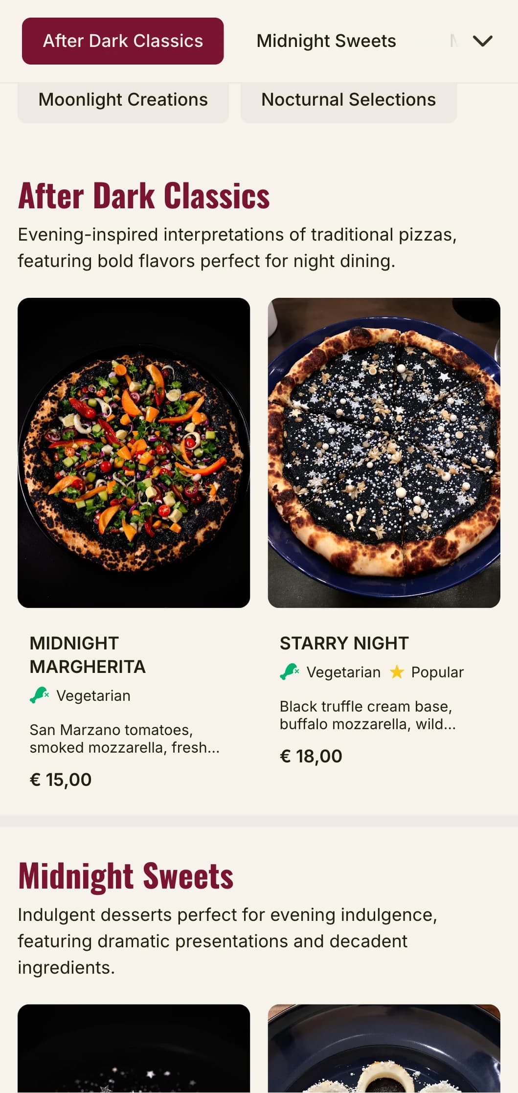 Late-night pizzeria menu with dark, moody aesthetics for evening dining experiences.