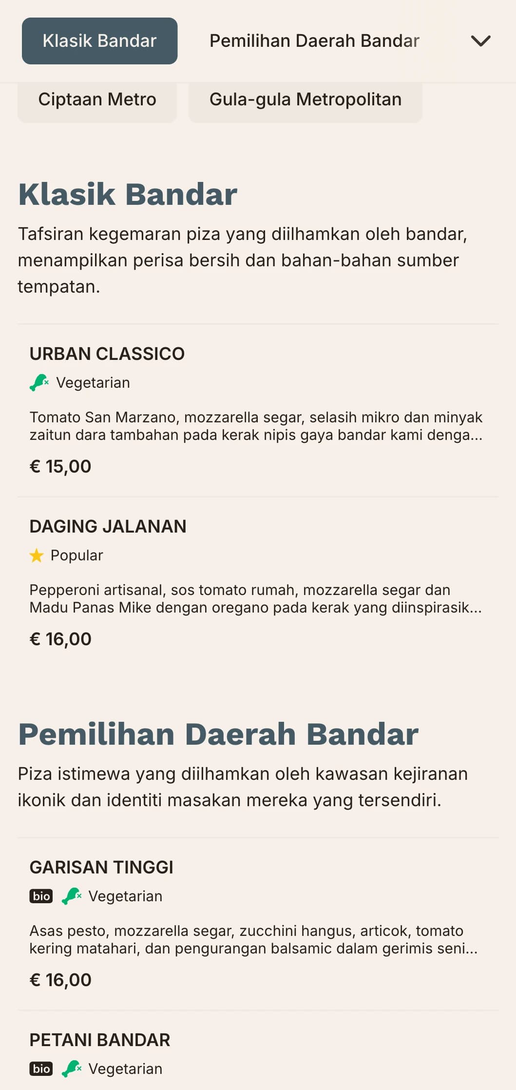 Menu piza metropolitan bandar dengan garisan bersih dan reka bentuk kontemporari untuk tempat bandar.