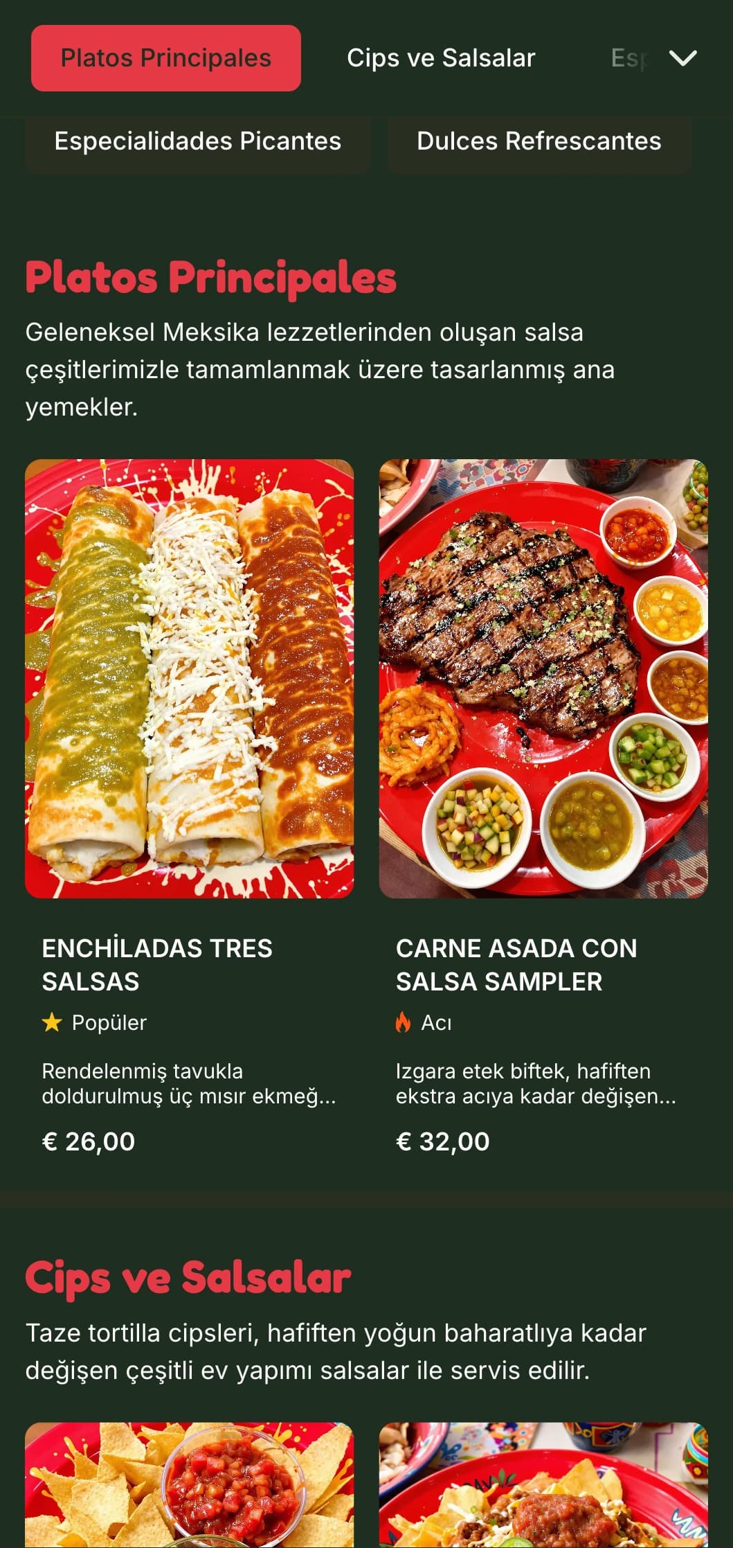 Parlak kırmızı vurgular, baharat seviyeleri ve tamamlayıcı yemekler içeren çeşitli Meksika salsalarına odaklanan canlı ve özelleştirilebilir menü.