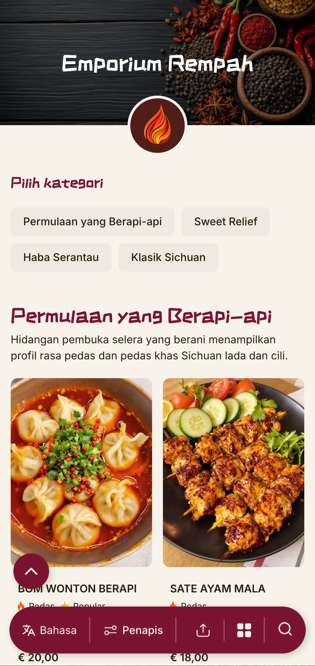 Reka bentuk menu Cina yang bertenaga yang diilhamkan oleh tradisi rempah Sichuan dan Hunan, dengan warna-warna berani untuk masakan serantau yang asli.