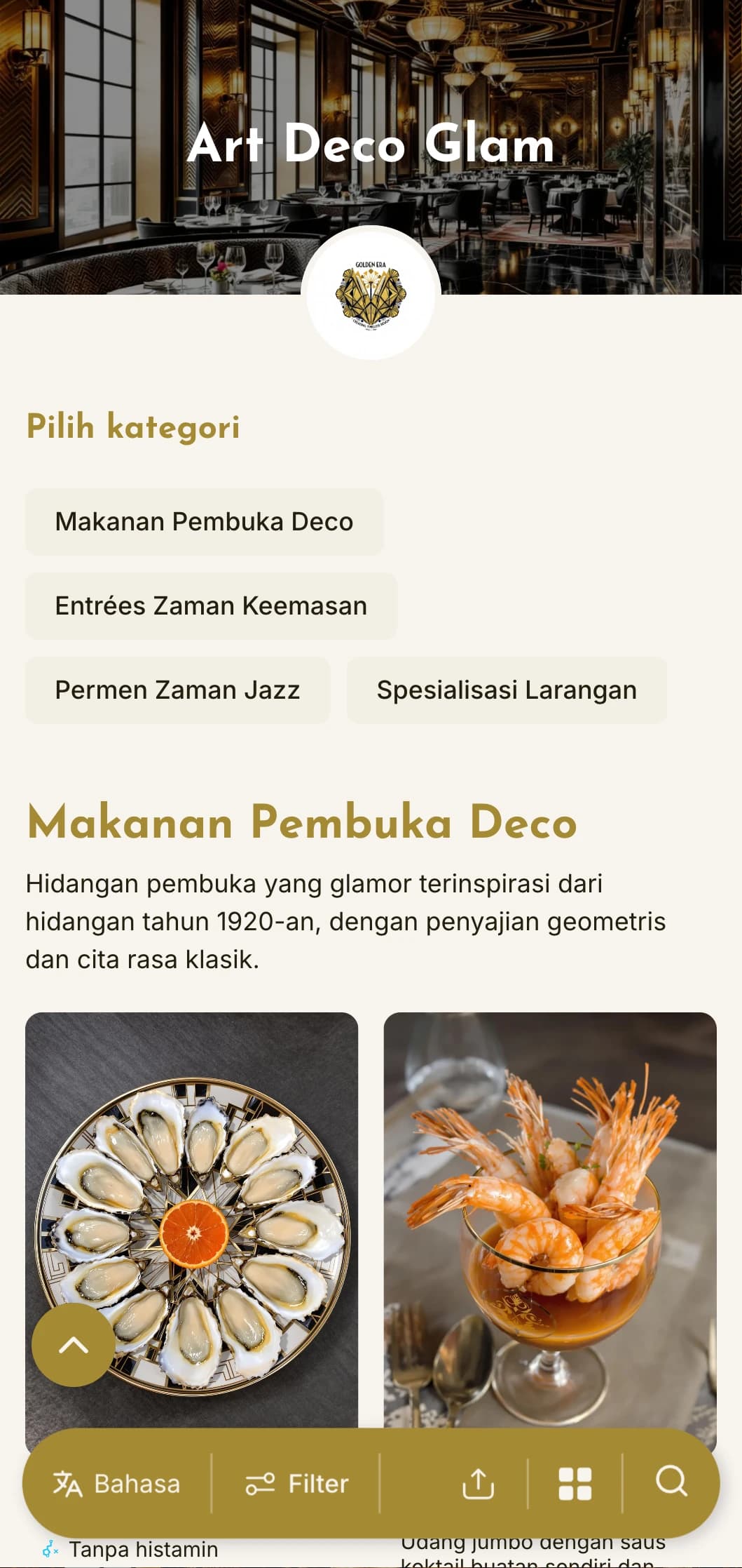 Menu makan malam glamor yang terinspirasi dari tahun 1920-an yang menampilkan pola geometris dan aksen metalik, cocok untuk tempat makan yang bernuansa vintage.