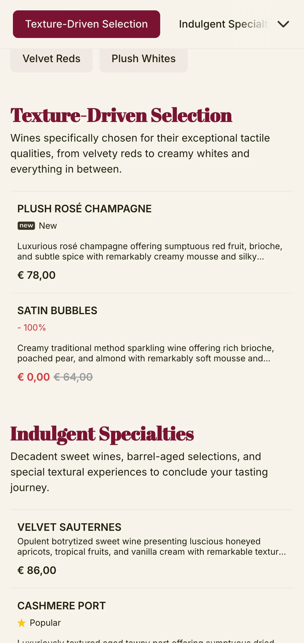 Dramatically luxurious wine list template with deep red accents and sophisticated typography, ideal for upscale wine lounges and evening venues.