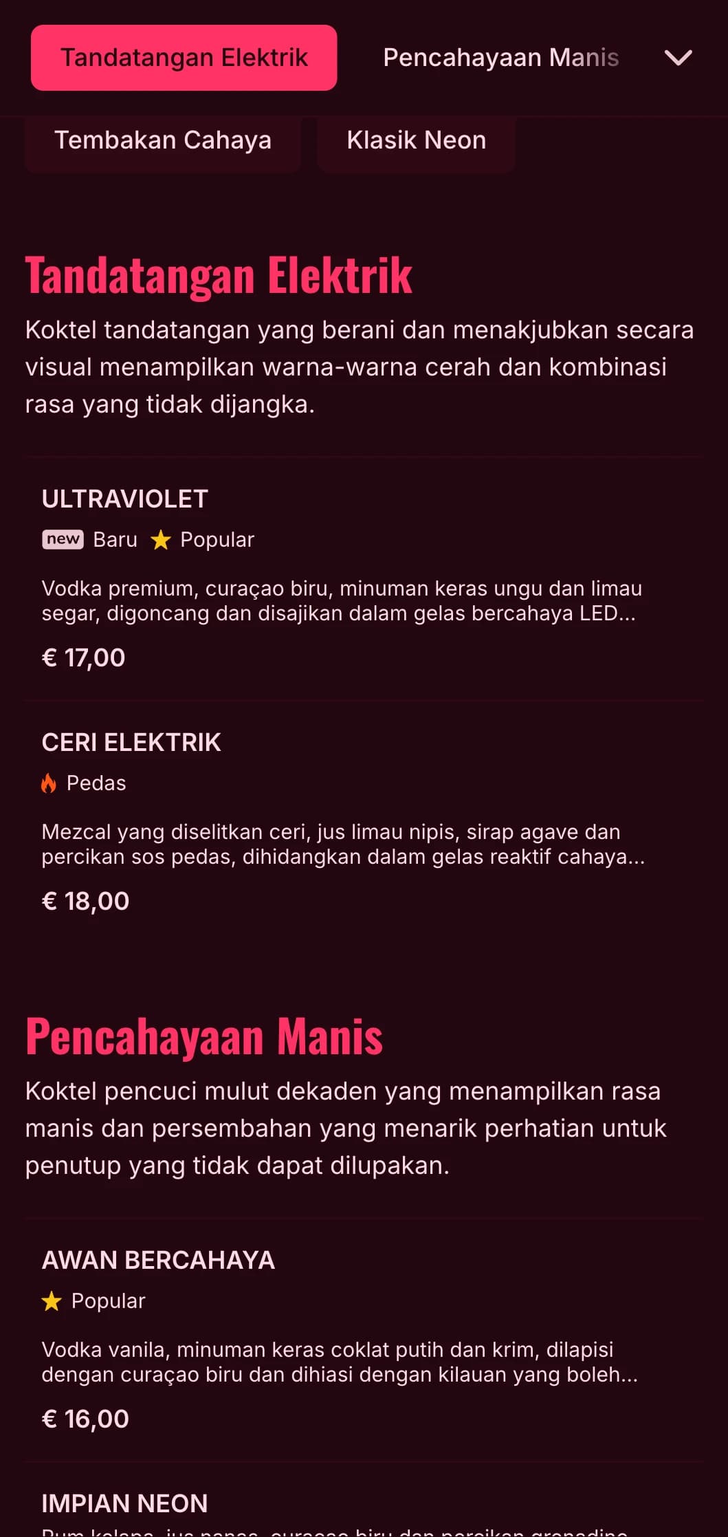 Reka bentuk menu yang berani dan bertenaga yang diilhamkan oleh hiburan malam neon, sesuai untuk bar koktel kontemporari dan kelab malam.