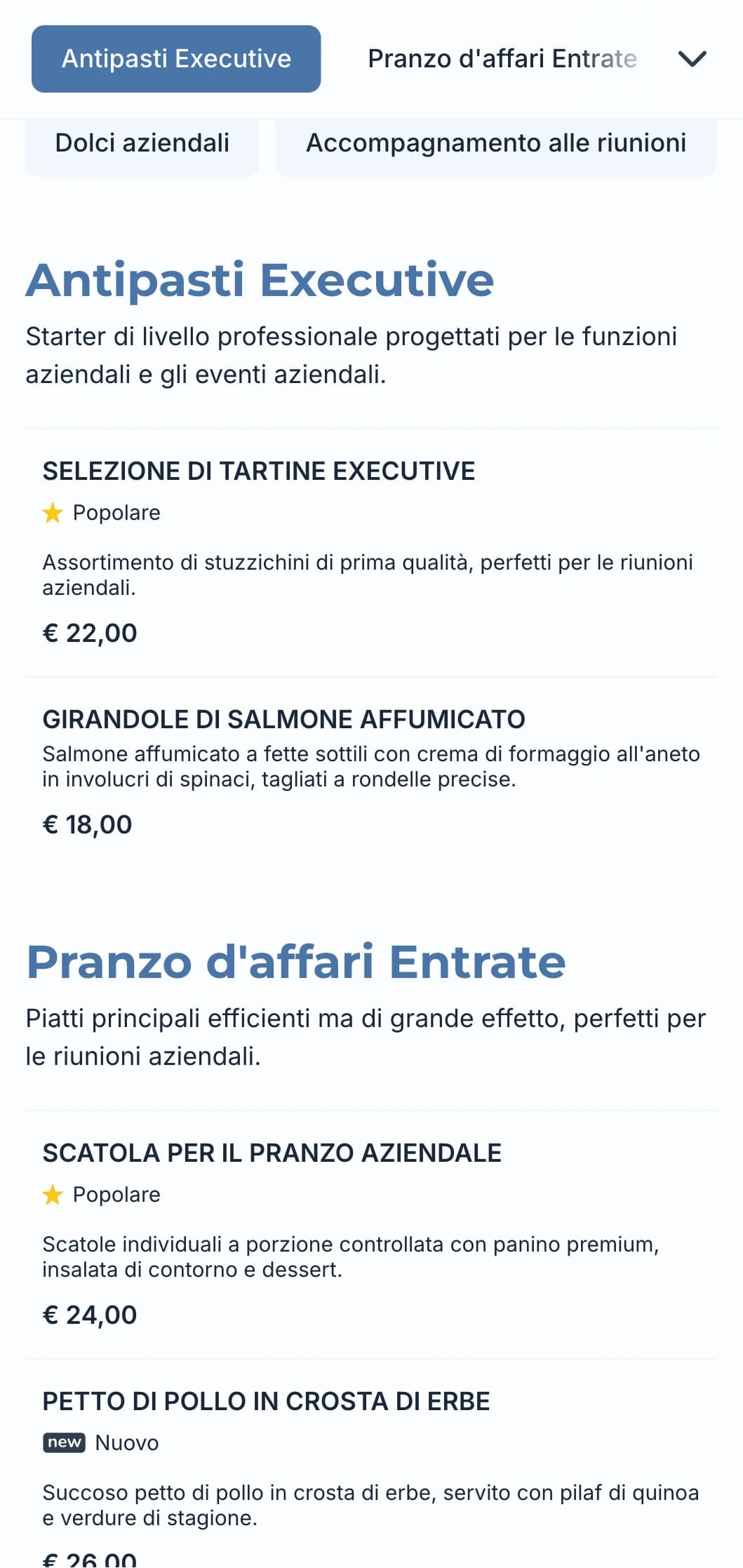 Servizio di catering professionale pensato per riunioni di lavoro ed eventi aziendali, incentrato su un servizio efficiente e una presentazione di qualità.