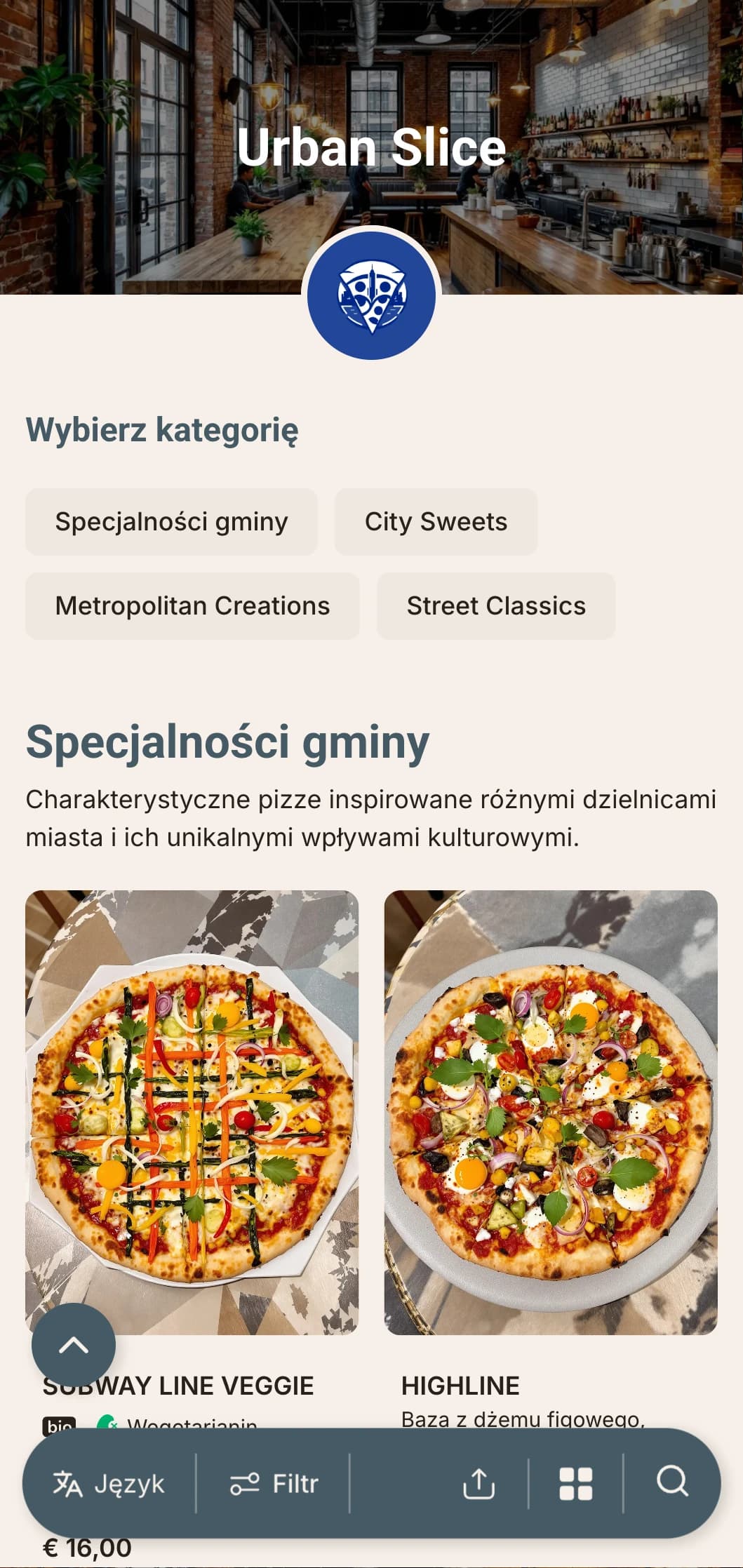 Miejskie, współczesne menu pizzy z elementami wzornictwa przemysłowego, idealne dla pizzerii w centrum miasta.